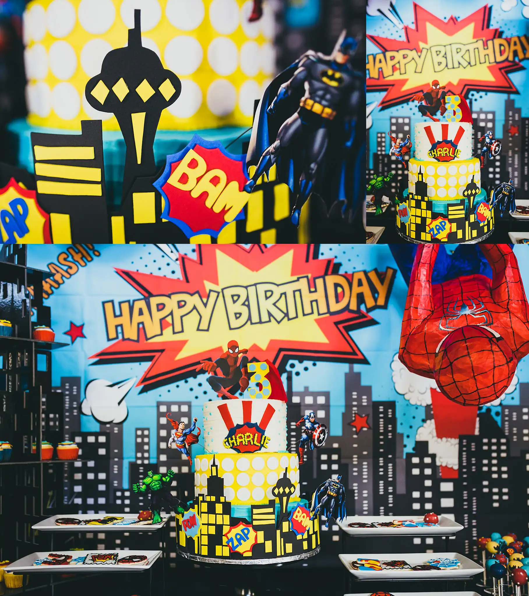 Party Details: the tiered cake against the painted skyline backdrop, at a third birthday party at Oodazu in Atlanta, GA