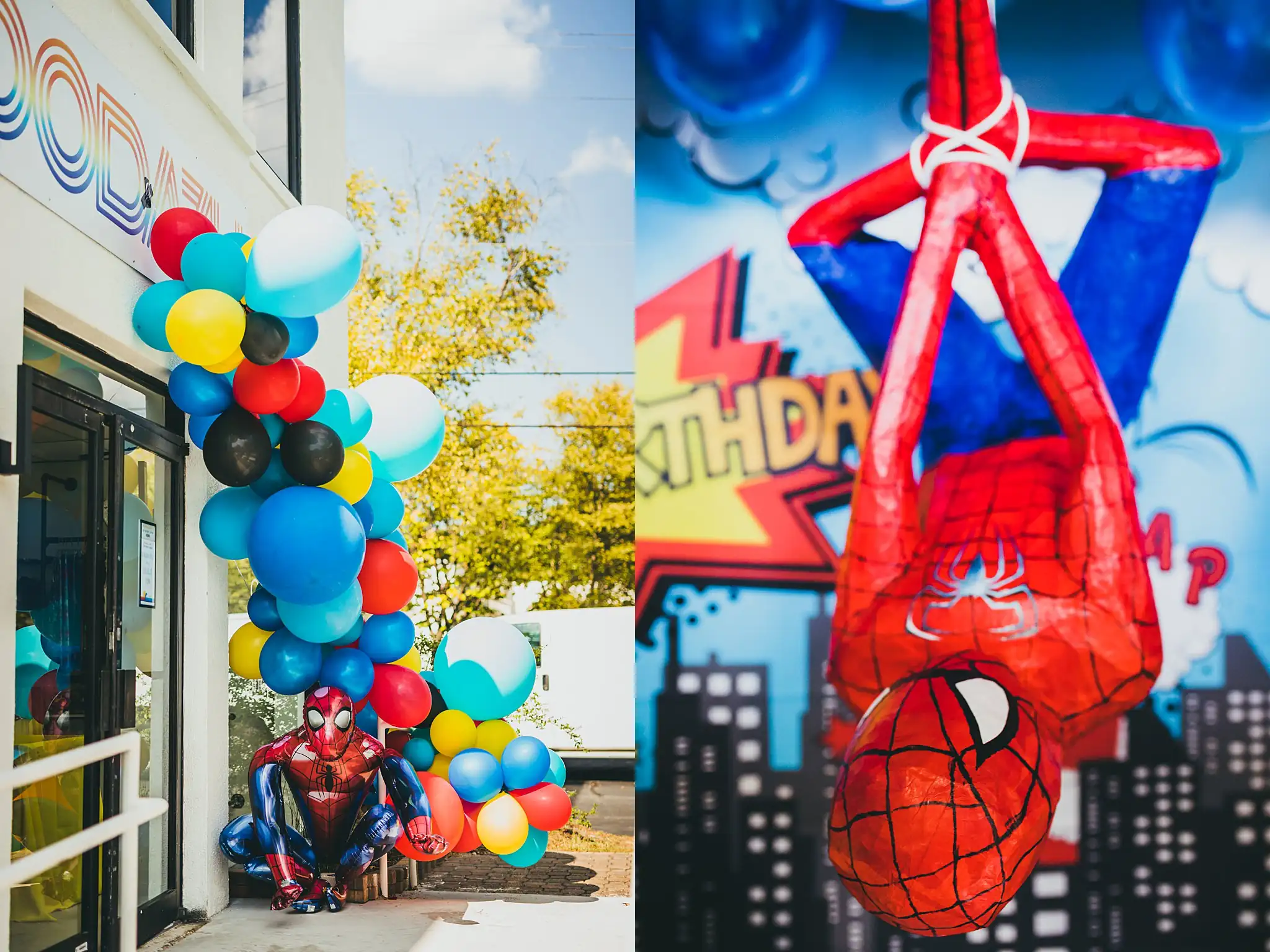 Party Details: the balloon arch outside, and a hanging Spider-Man figure, at a third birthday party at Oodazu in Atlanta, GA