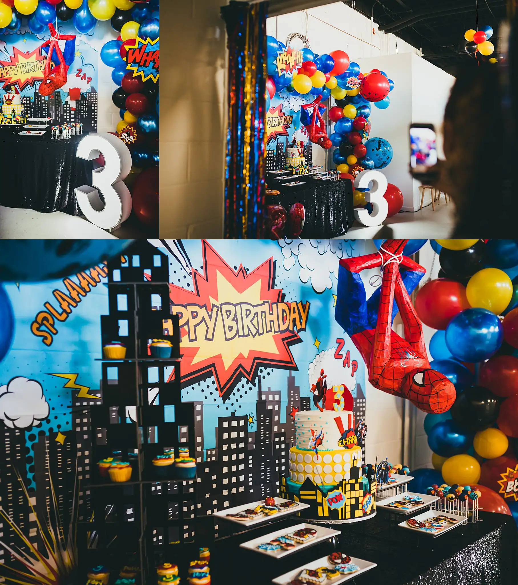 Party Details: the number three among the balloons and the backdrop, at a third birthday party at Oodazu in Atlanta, GA