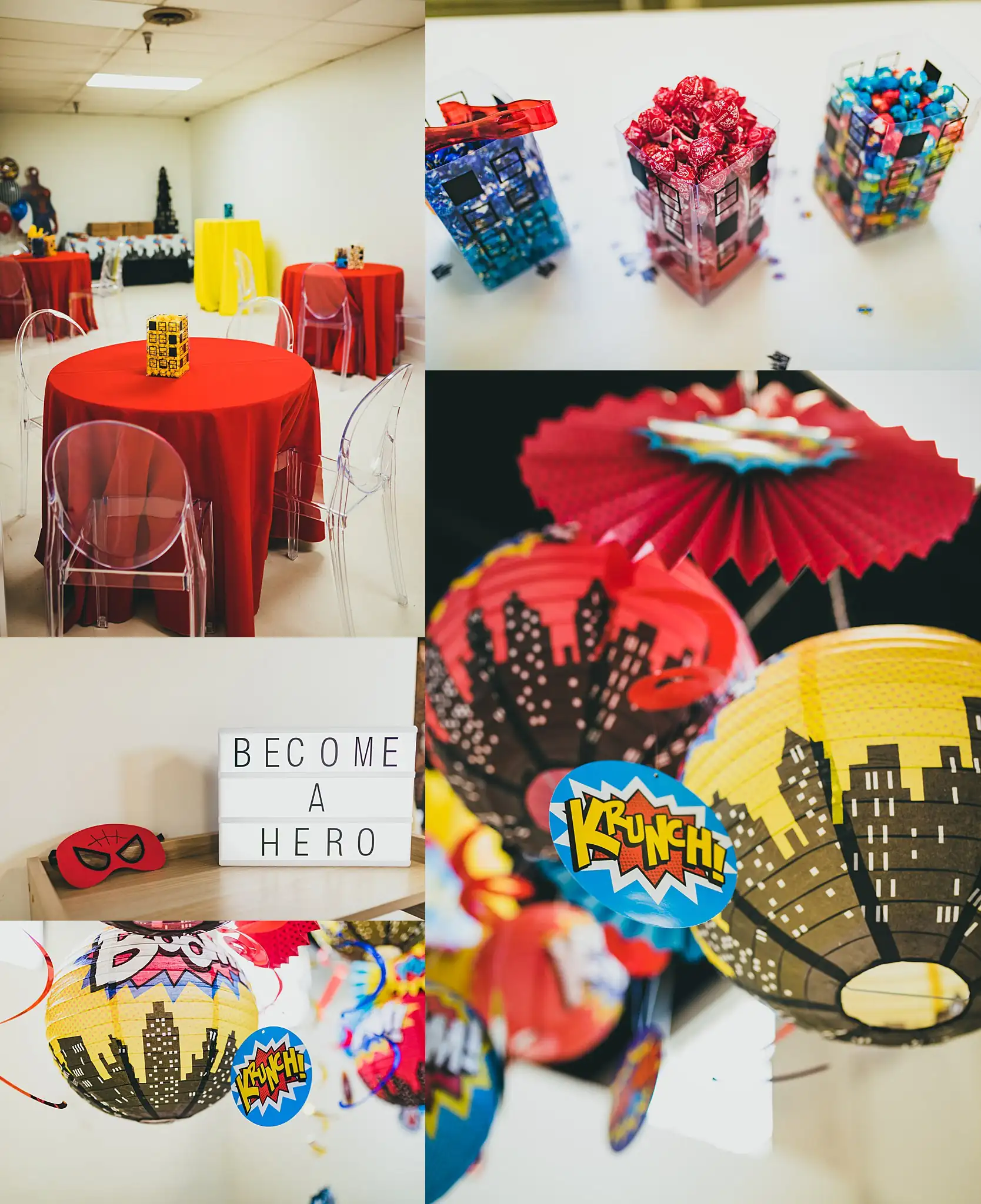 Party Details: the candy table, paper fans and a become-a-hero sign, at a third birthday party at Oodazu in Atlanta, GA