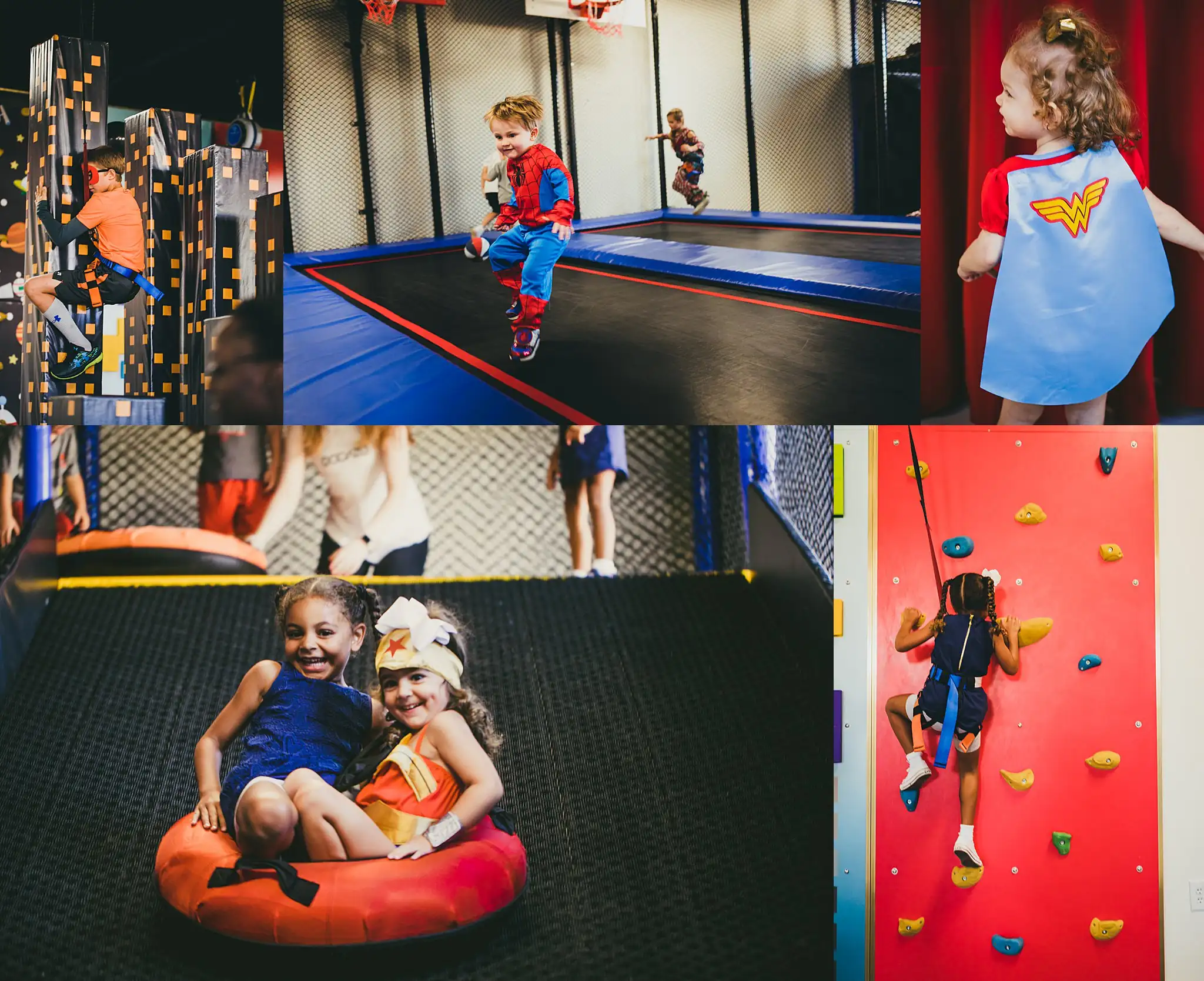 Party: children on the trampolines and the climbing wall, in a set, at a third birthday party at Oodazu in Atlanta, GA