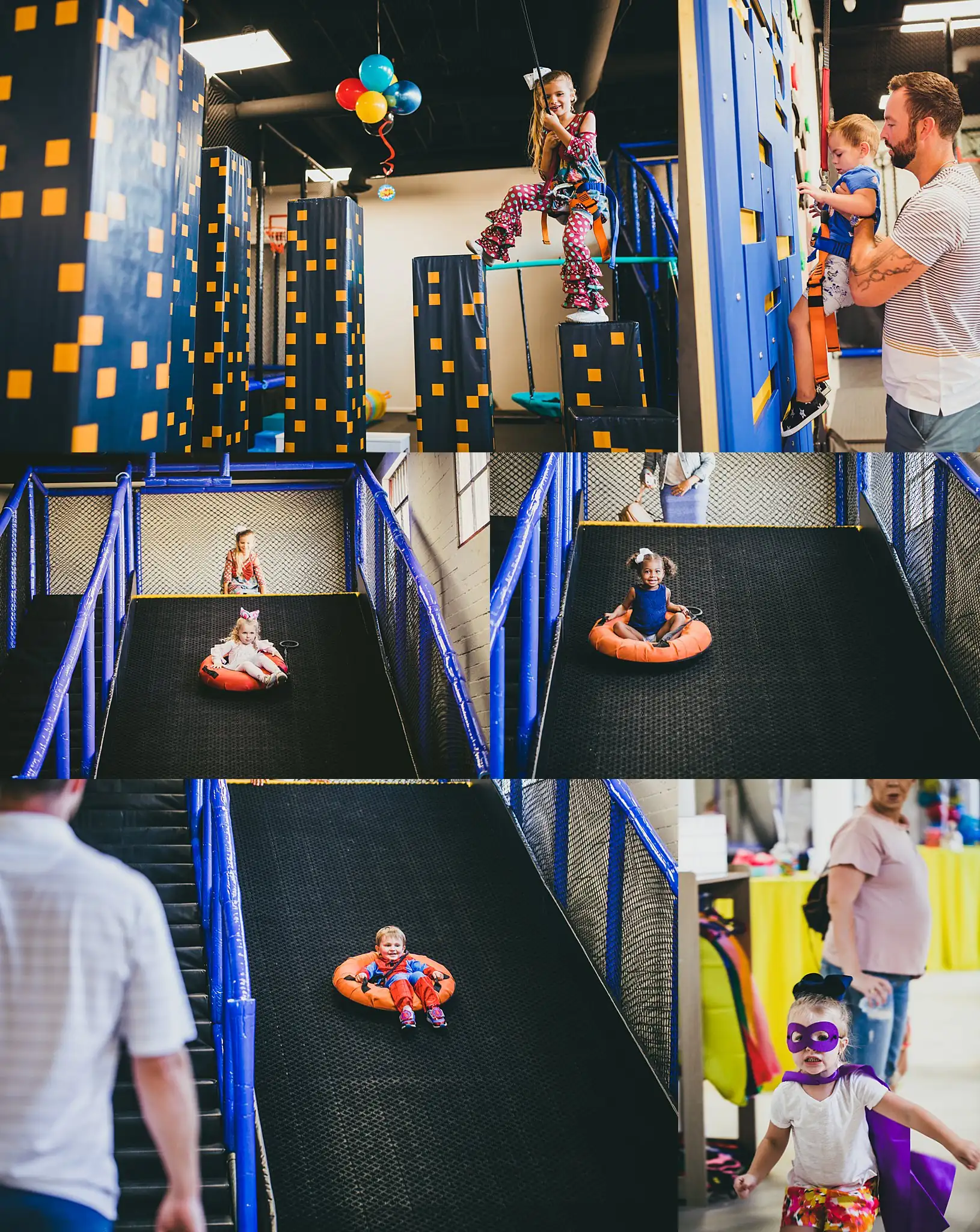 Party: children going down the slide on rubber rings, in a set, at a third birthday party at Oodazu in Atlanta, GA