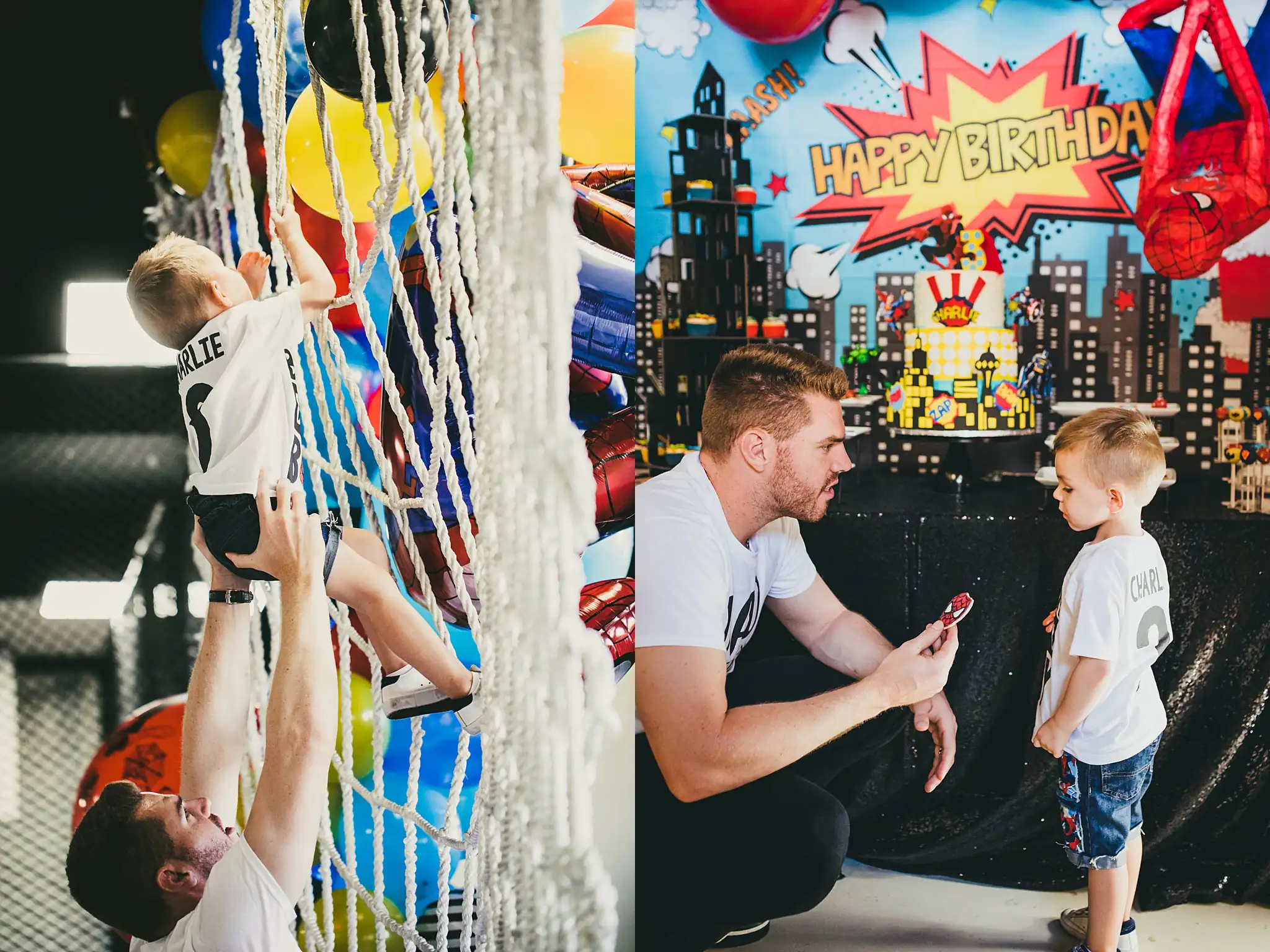 Party: a boy climbing the rope net as the adults watch, in a set, at a third birthday party at Oodazu in Atlanta, GA