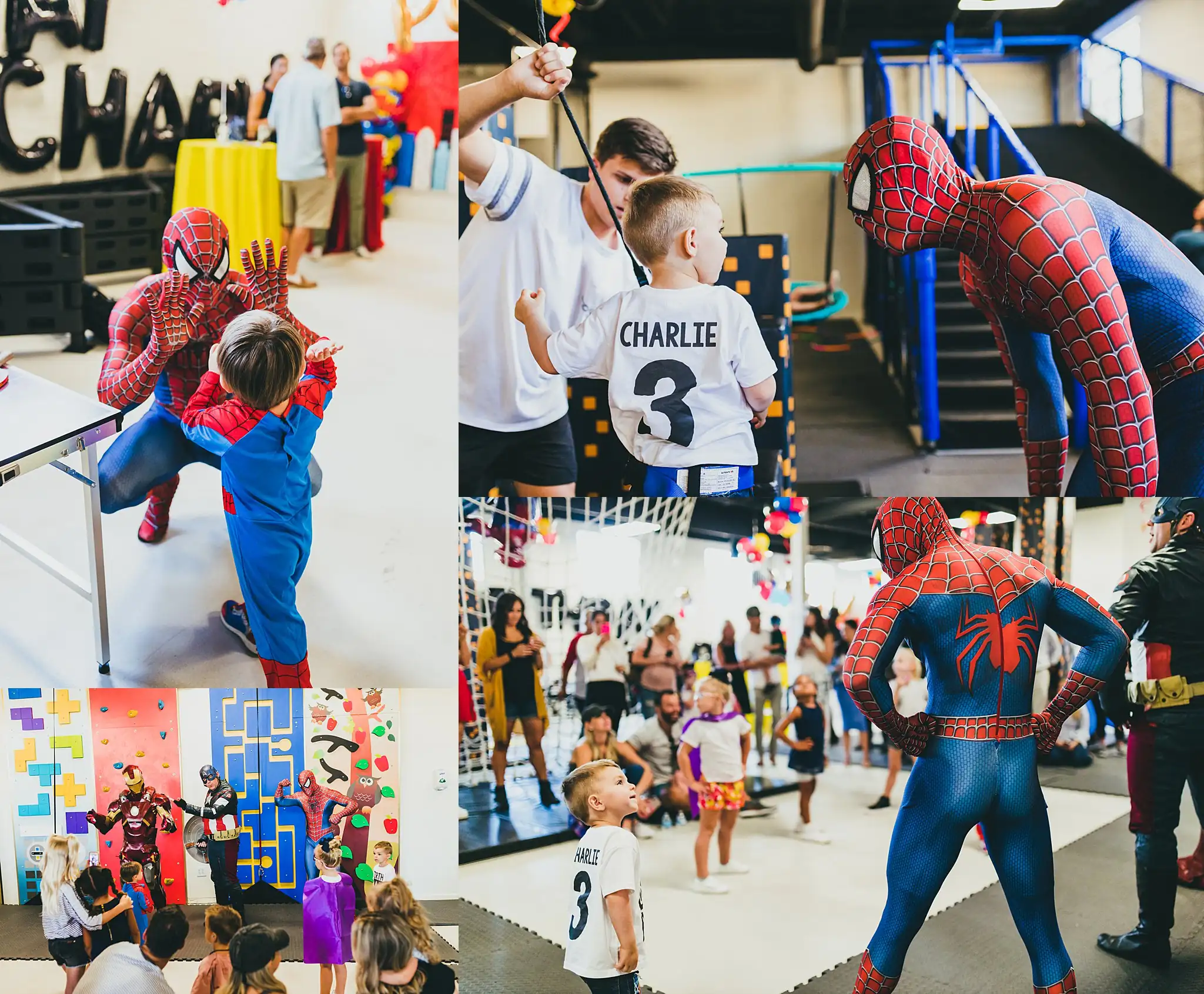 Party: the children meeting Spider-Man in costume, in a set, at a third birthday party at Oodazu in Atlanta, GA
