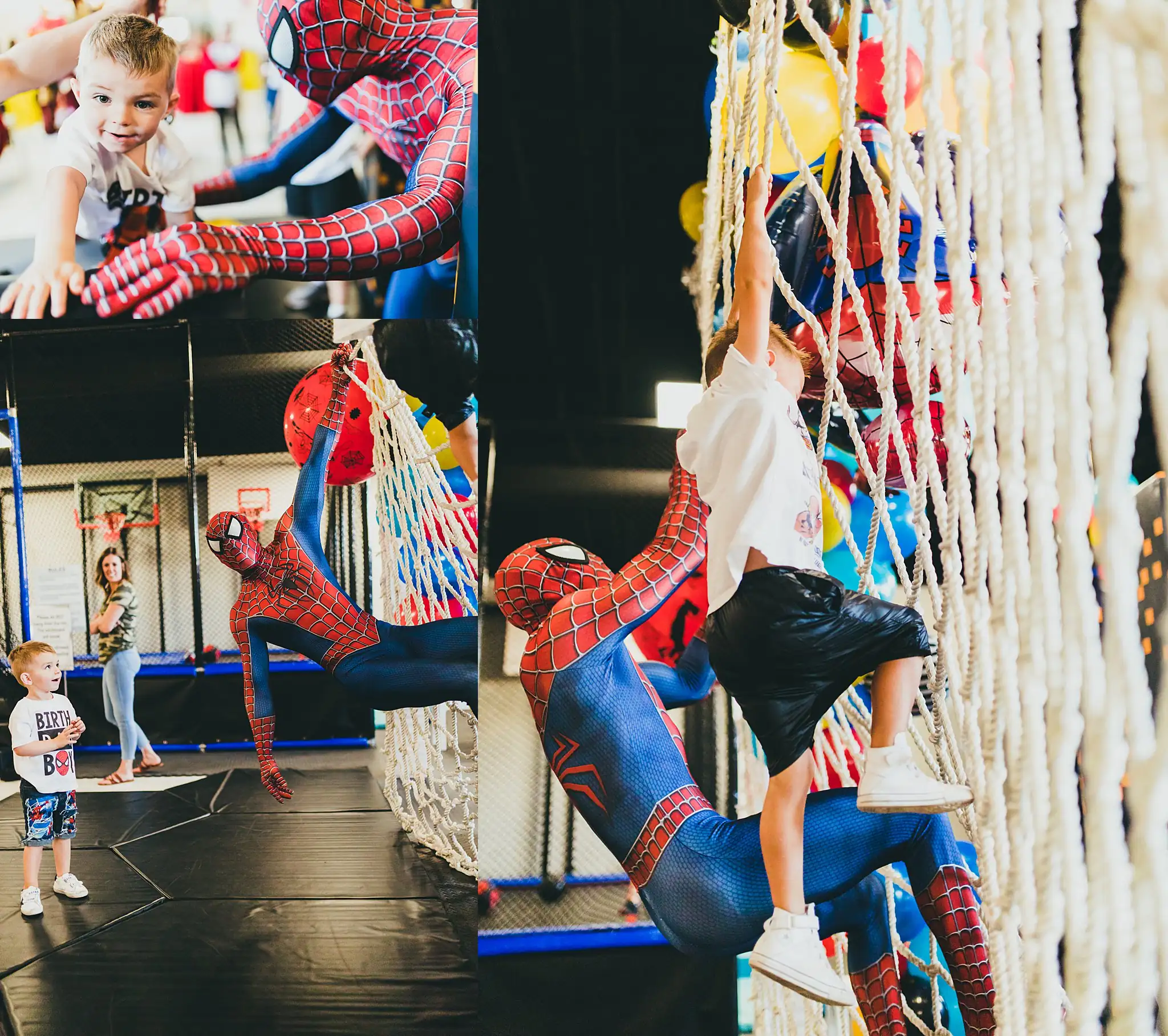 Party: Spider-Man climbing the rope net with the children, in a set, at a third birthday party at Oodazu in Atlanta, GA