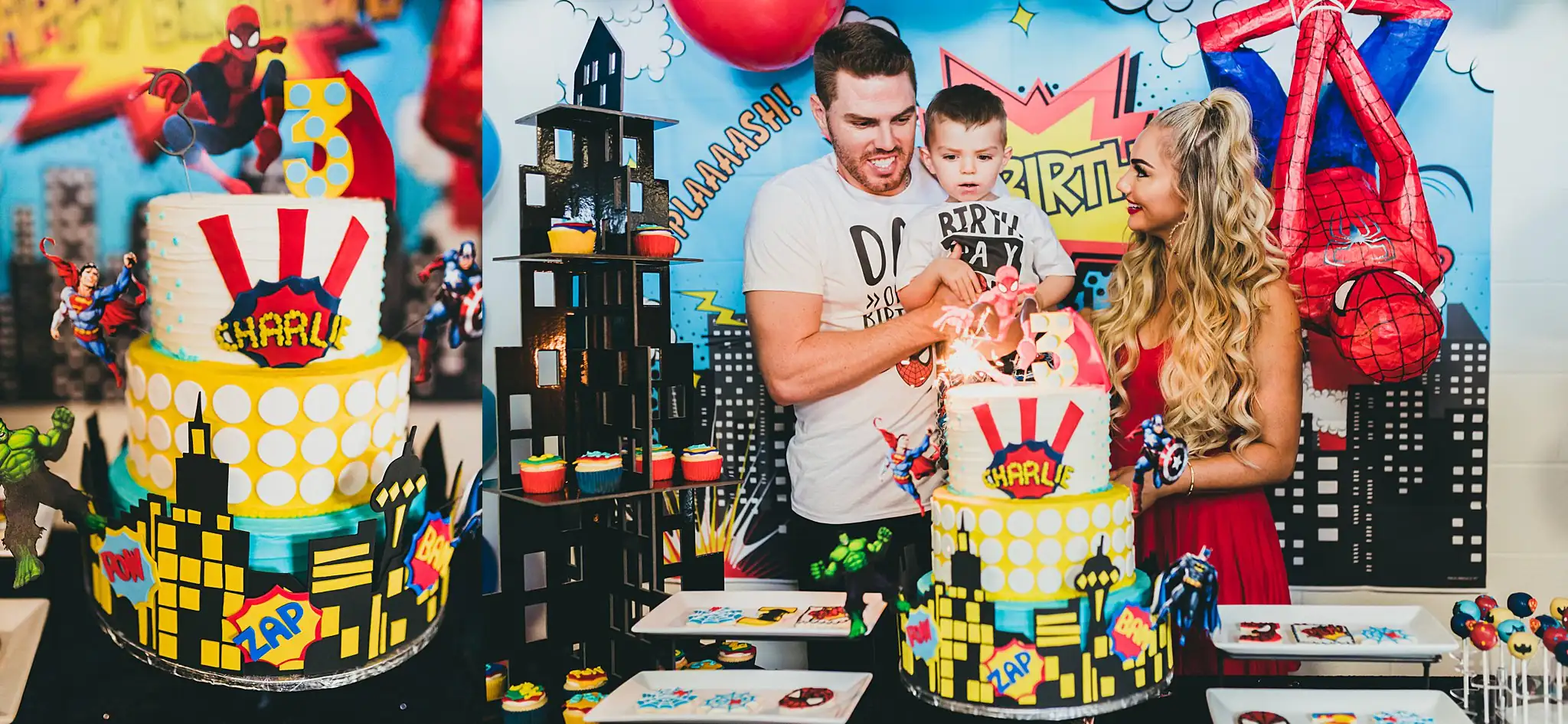 Party Details: the cake table with the family behind it, at a third birthday party at Oodazu in Atlanta, GA