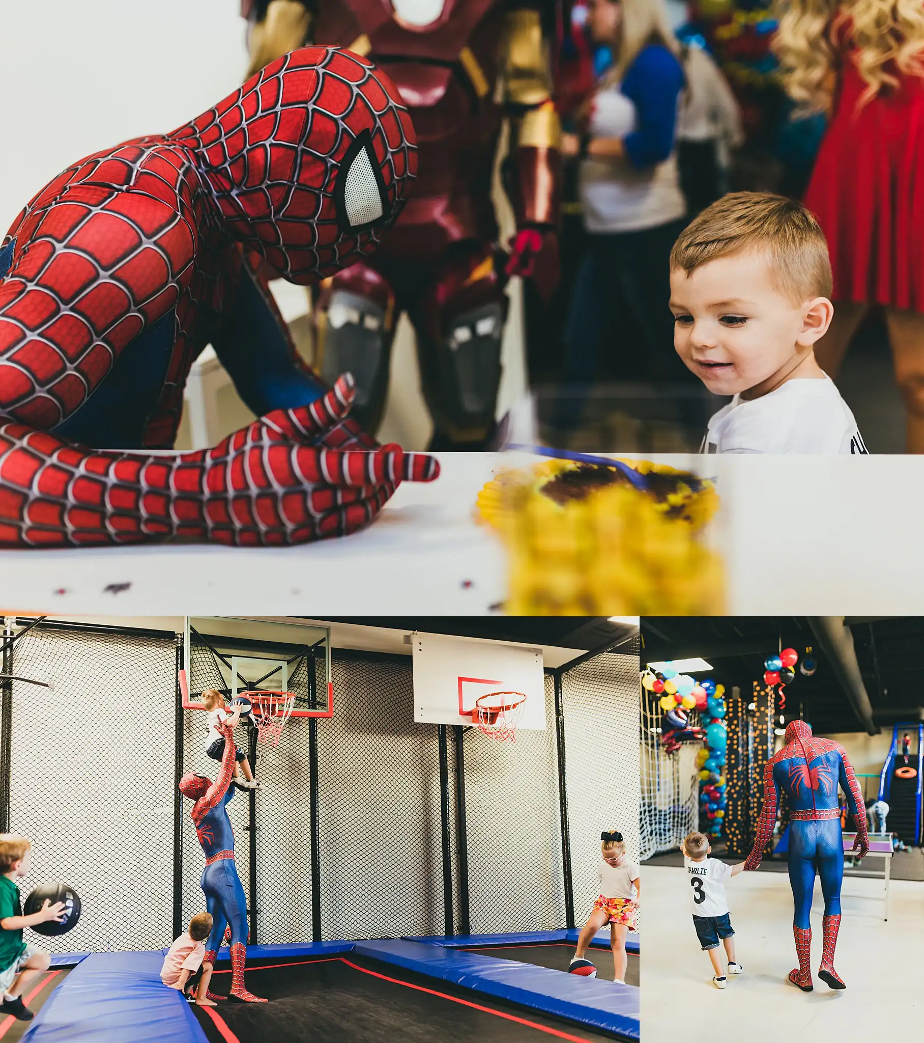 Party: a boy face to face with Spider-Man, and the trampolines, in a set, at a third birthday party at Oodazu in Atlanta, GA