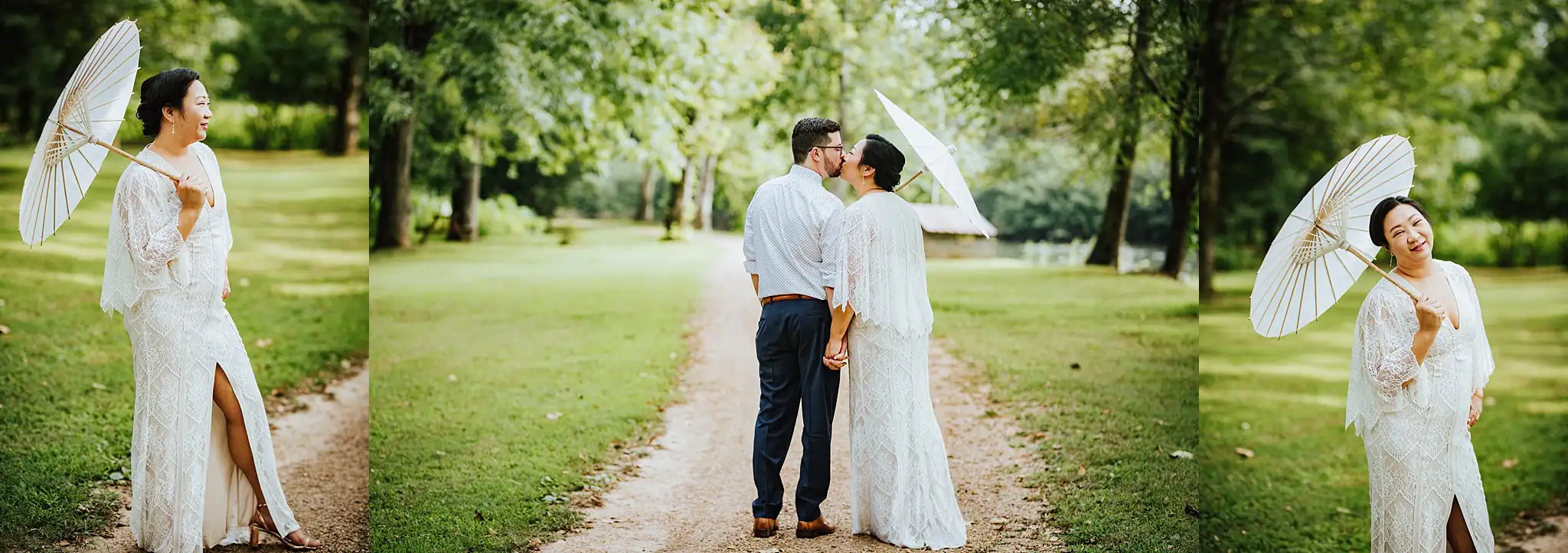 Wedding Formals: the two of them on the gravel drive with their parasols, in a set, at their wedding at Barnsley Gardens Resort in Adairsville, GA