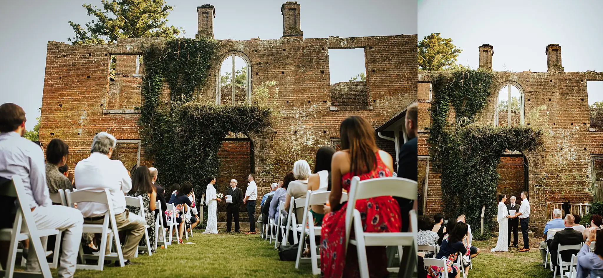 AtlantaWeddingPhotographers_0489.jpg Wedding Ceremony: the guests seated before the ivy-covered ruins, in a set, at their wedding at Barnsley Gardens Resort in Adairsville, GA