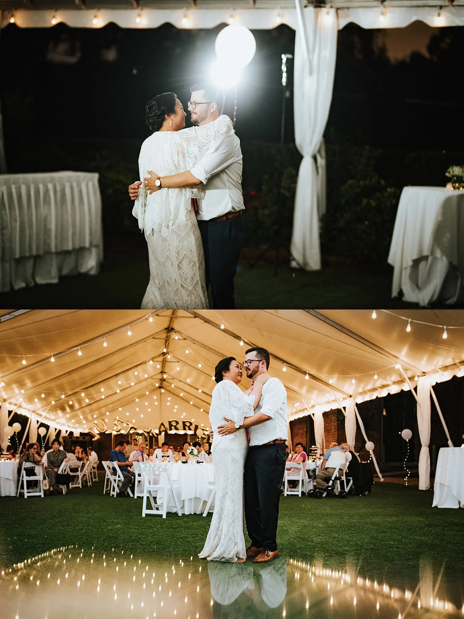 AtlantaWeddingPhotographers_0494.jpg First Dance: their first dance under the tent and its lights, in a set, at their wedding at Barnsley Gardens Resort in Adairsville, GA