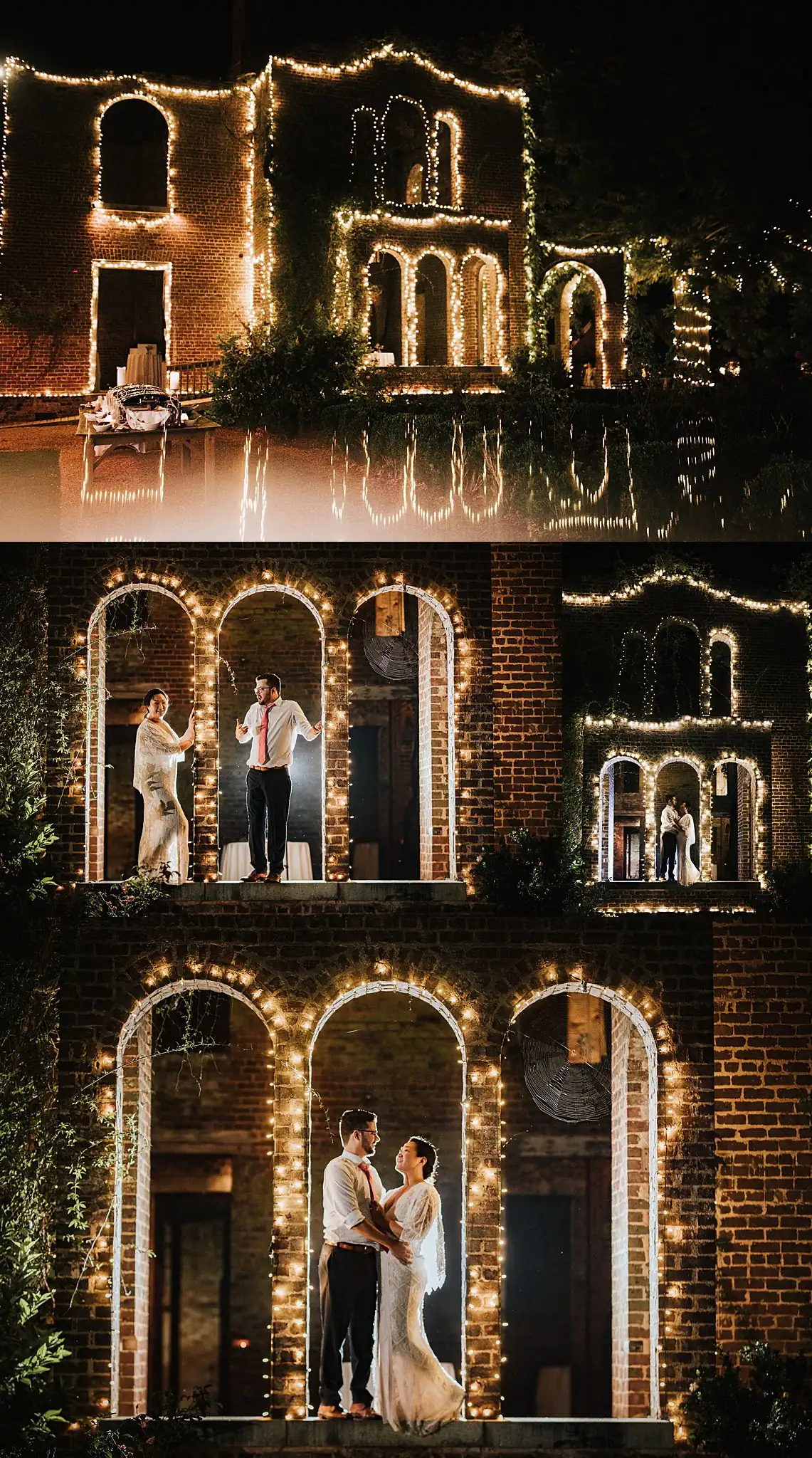 AtlantaWeddingPhotographers_0495.jpg Wedding Formals: the couple in the lit arches of the ruins after dark, in a set, at their wedding at Barnsley Gardens Resort in Adairsville, GA