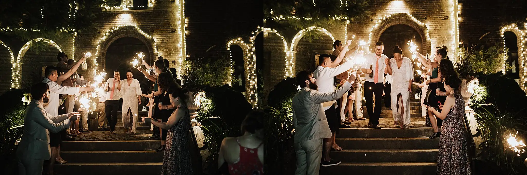 AtlantaWeddingPhotographers_0496.jpg Wedding Reception: the guests on the steps under the strung lights, in a set, at their wedding at Barnsley Gardens Resort in Adairsville, GA