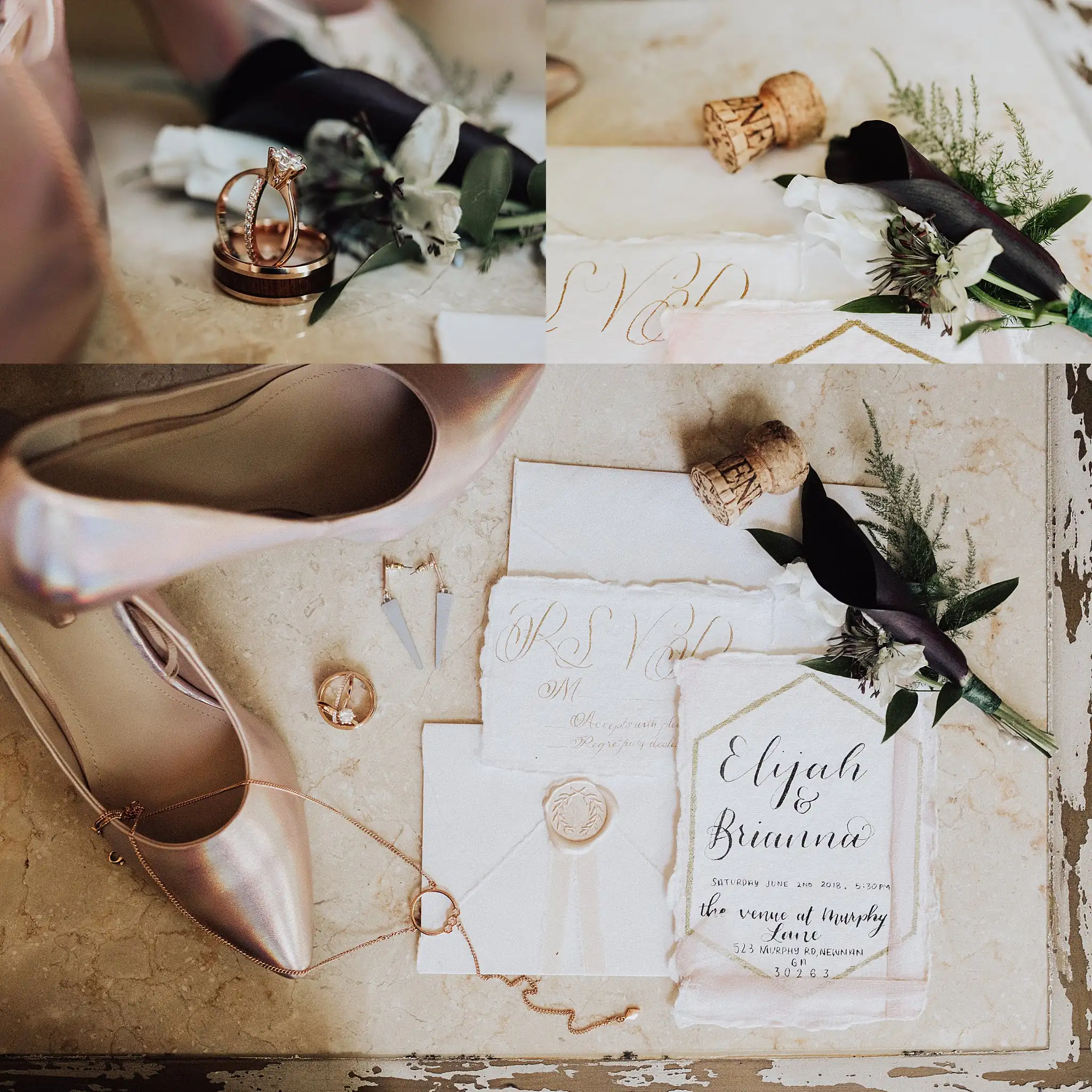 AtlantaWeddingPhotographers_0499.jpg Wedding Details: the invitations, her heels and the boutonniere, in a set, at a Wedding styled shoot at The Venue at Murphy Lane in Newnan, GA
