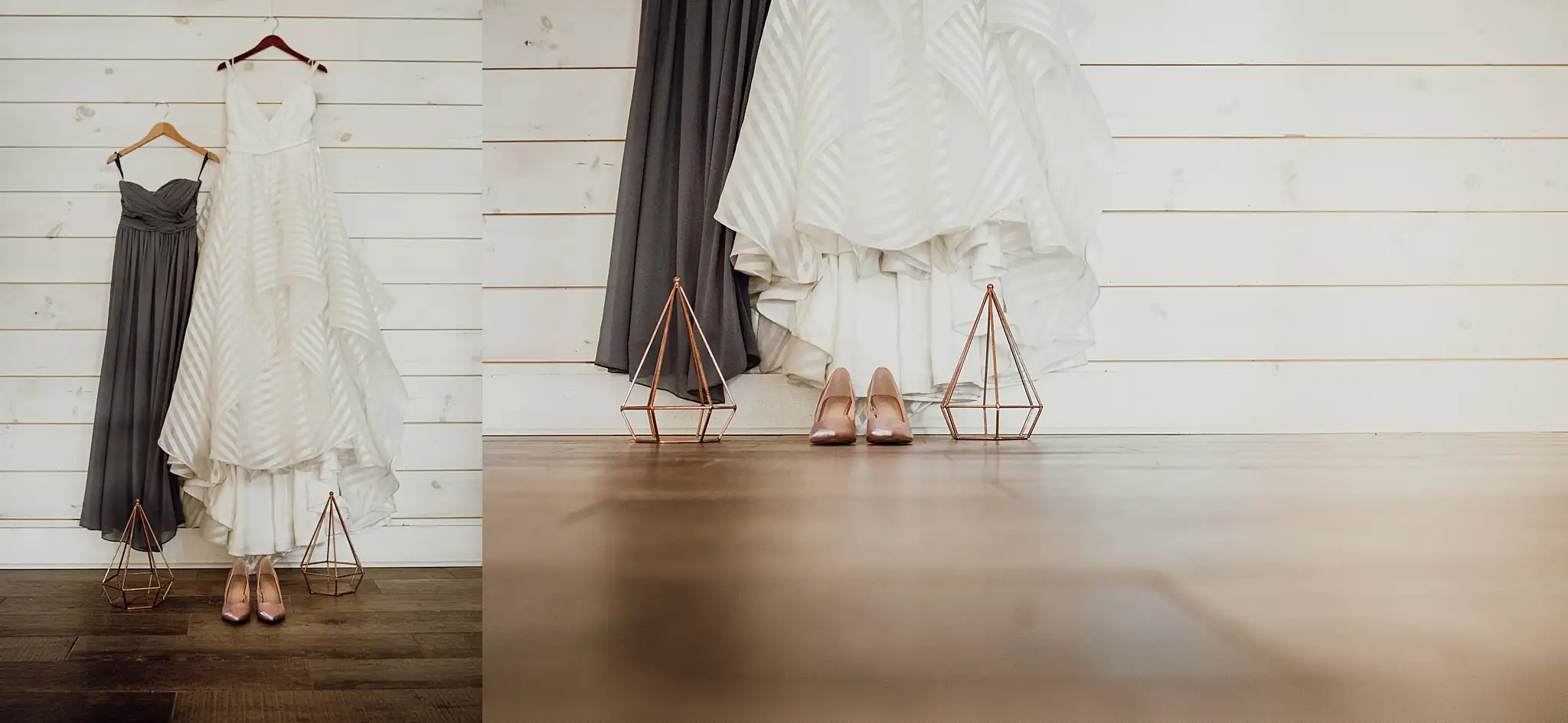 AtlantaWeddingPhotographers_0500.jpg Wedding Details: the grey bridesmaid dress and the gown side by side, in a set, at a Wedding styled shoot at The Venue at Murphy Lane in Newnan, GA