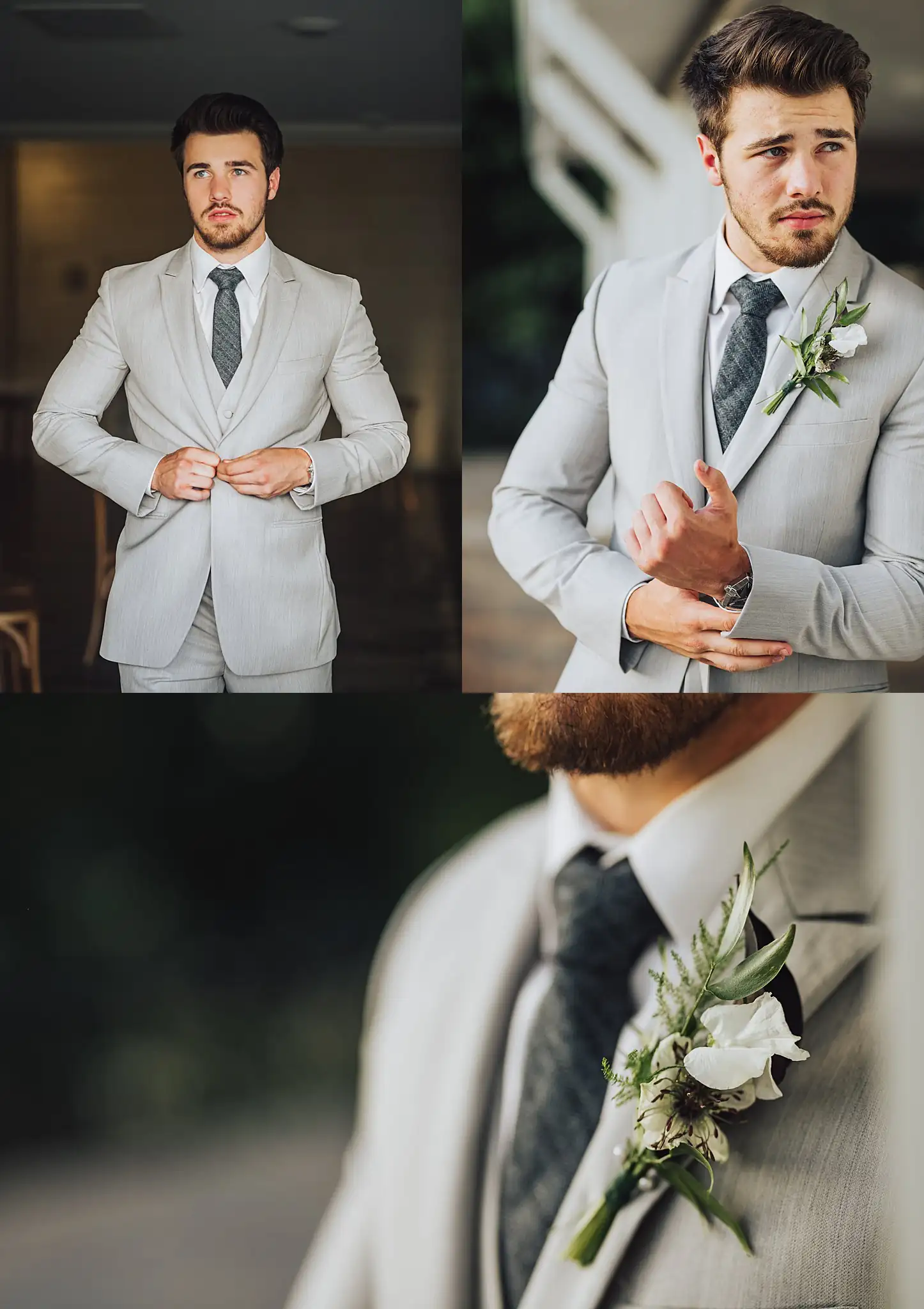 AtlantaWeddingPhotographers_0501.jpg Wedding Formals: the groom in grey with his greenery boutonniere, in a set, at a Wedding styled shoot at The Venue at Murphy Lane in Newnan, GA