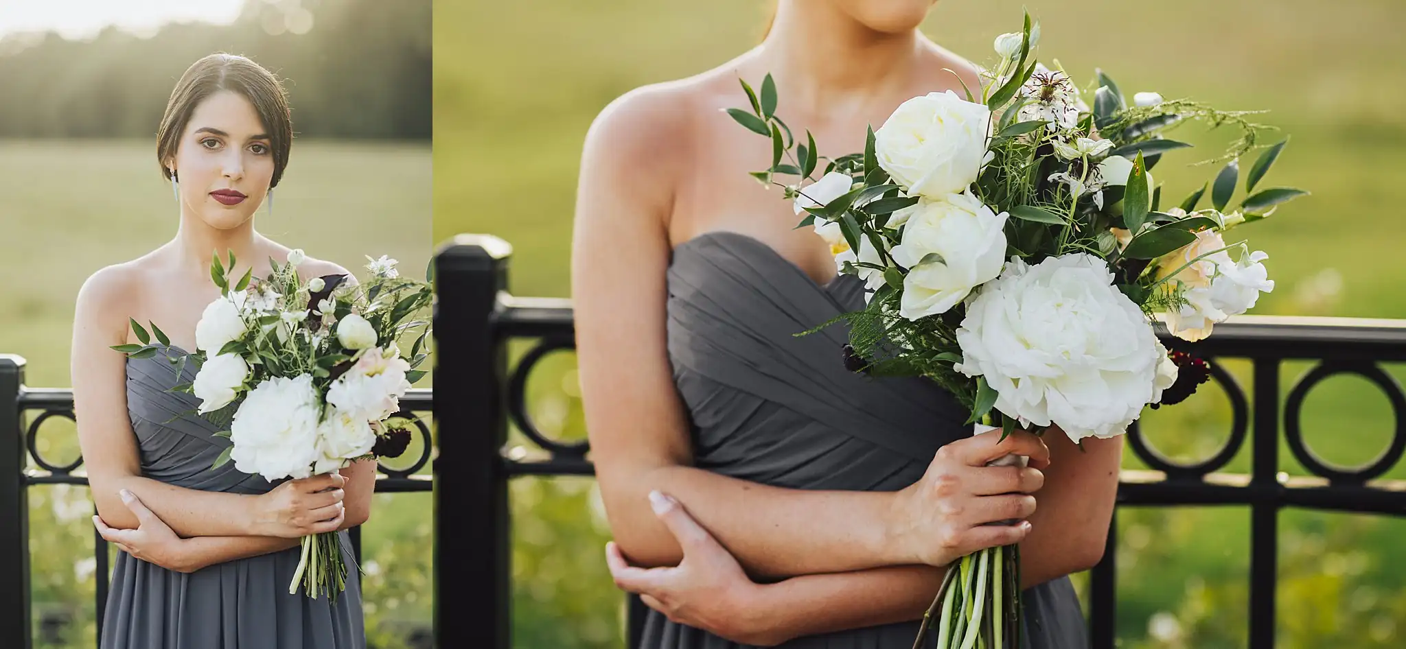 AtlantaWeddingPhotographers_0511.jpg Wedding Party: the bridesmaid at the iron rail with her white bouquet, in a set, at a Wedding styled shoot at The Venue at Murphy Lane in Newnan, GA