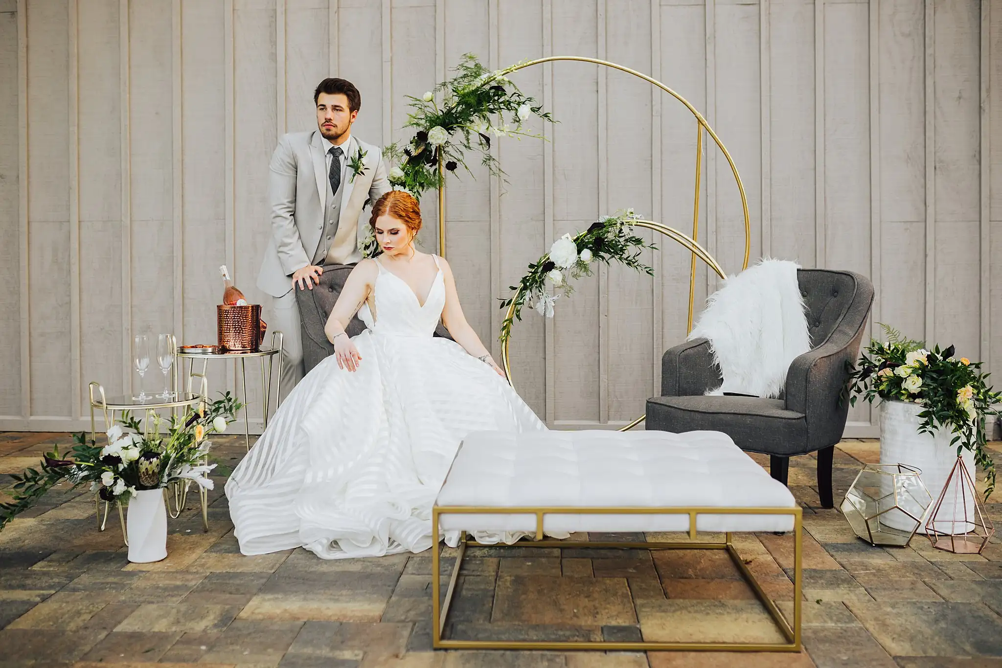 AtlantaWeddingPhotographers_0512.jpg Reception Details: the lounge set with a velvet chair and the hoop of flowers, at a Wedding styled shoot at The Venue at Murphy Lane in Newnan, GA