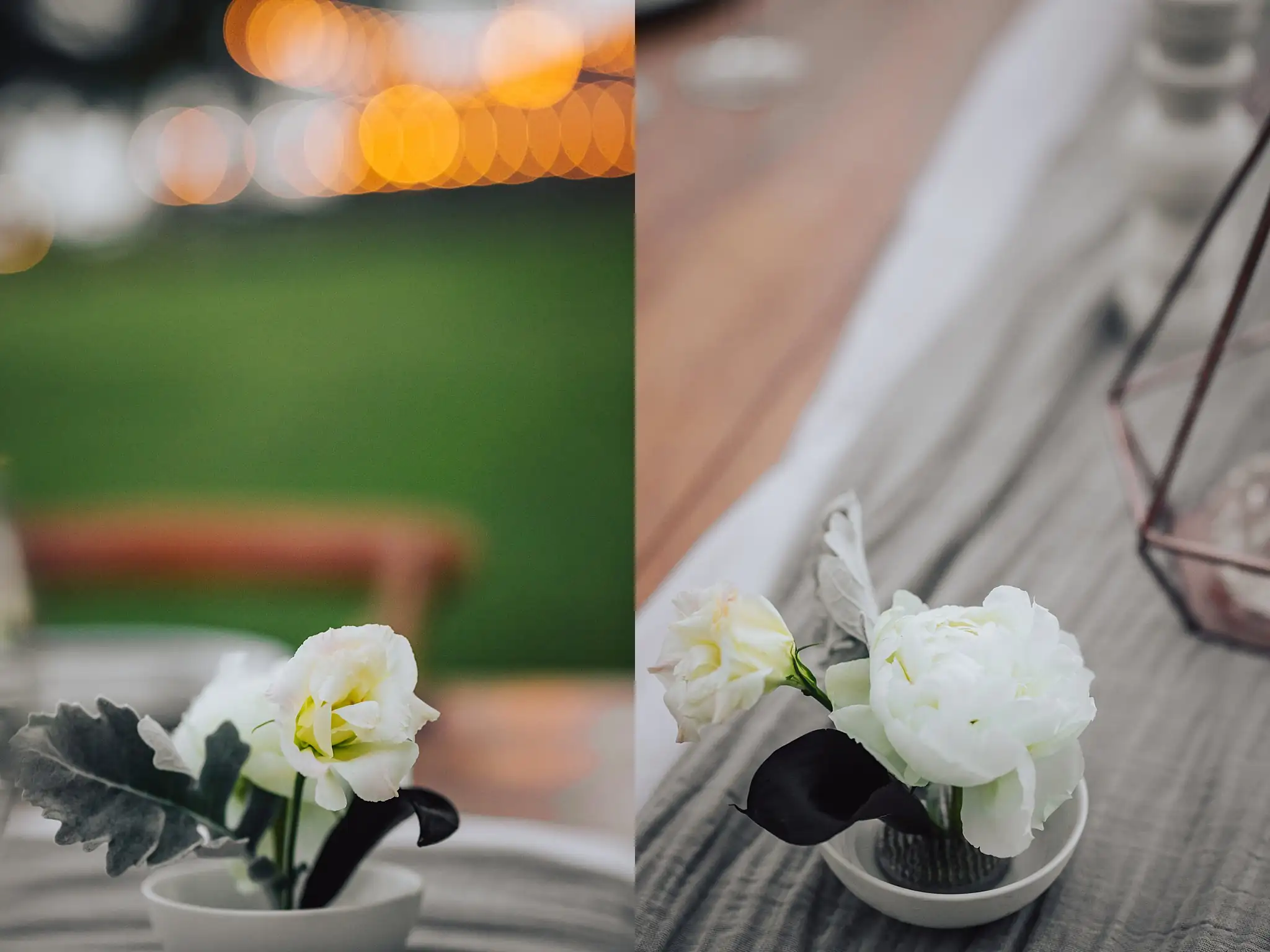 AtlantaWeddingPhotographers_0514.jpg Wedding Florals: single white blooms in small vessels on the table, in a set, at a Wedding styled shoot at The Venue at Murphy Lane in Newnan, GA
