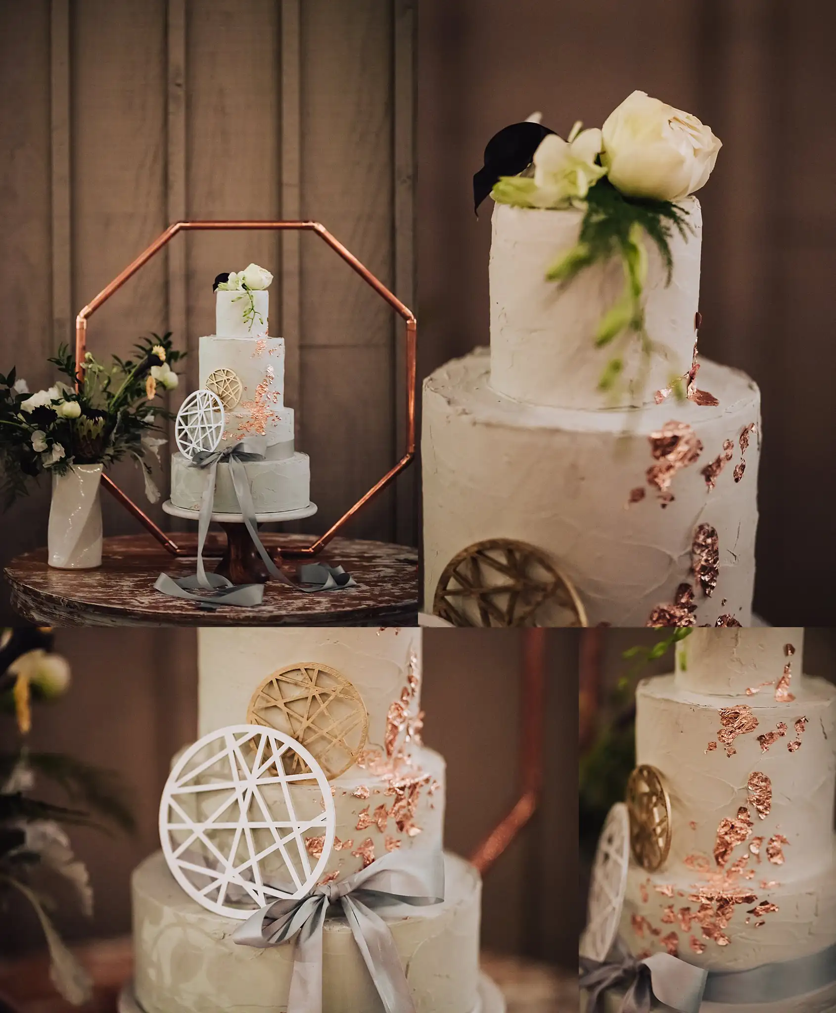 AtlantaWeddingPhotographers_0517.jpg Wedding Cake Details: the pressed-flower cake on its copper stand, in a set, at a Wedding styled shoot at The Venue at Murphy Lane in Newnan, GA
