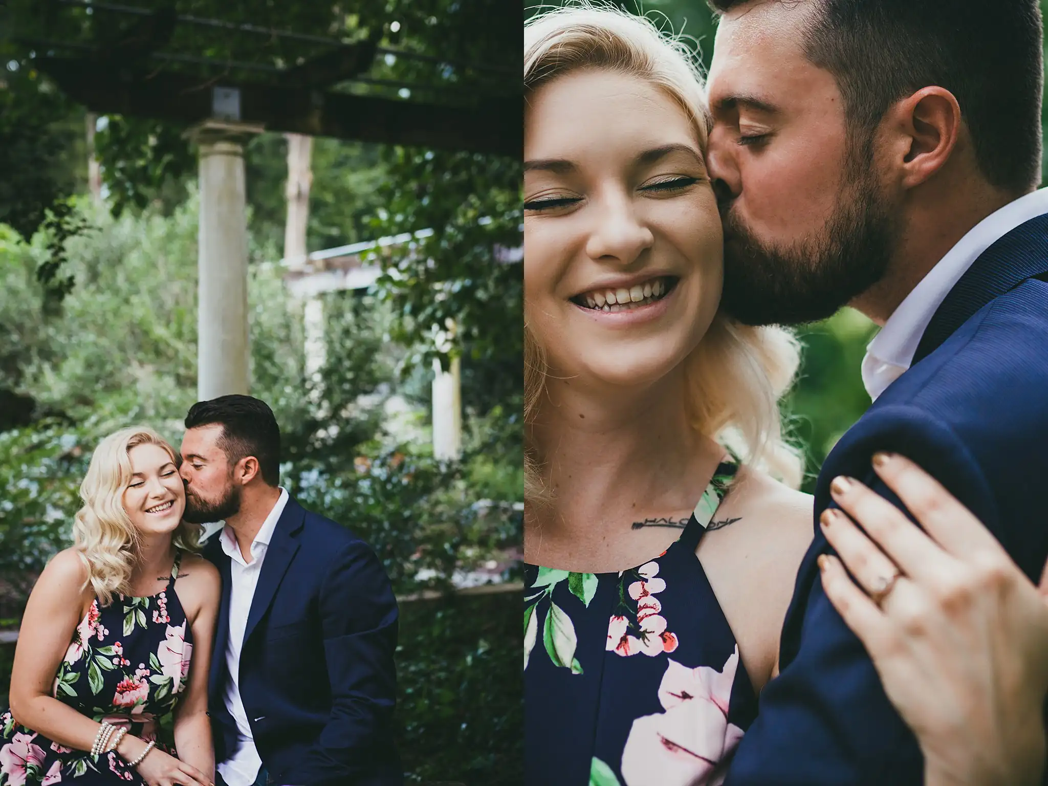 AtlantaWeddingPhotographers_0559.jpg Engagement Portraits: him kissing her cheek under the pergola, in a set, during their engagement session at Cator Woolford Gardens in Atlanta, GA