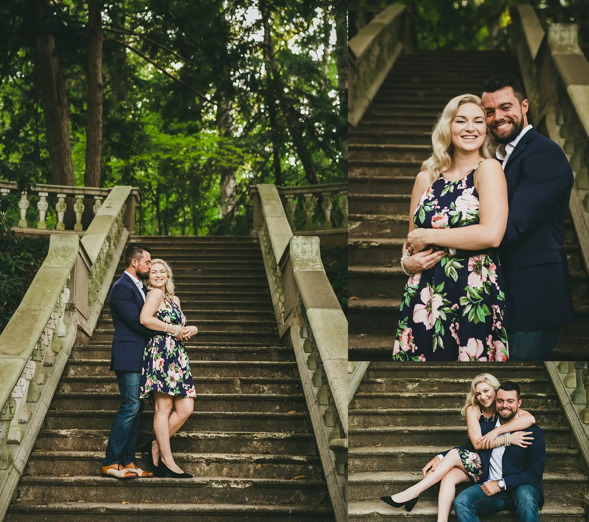 AtlantaWeddingPhotographers_0562.jpg Engagement Portraits: the couple on the stone steps, in a set, during their engagement session at Cator Woolford Gardens in Atlanta, GA