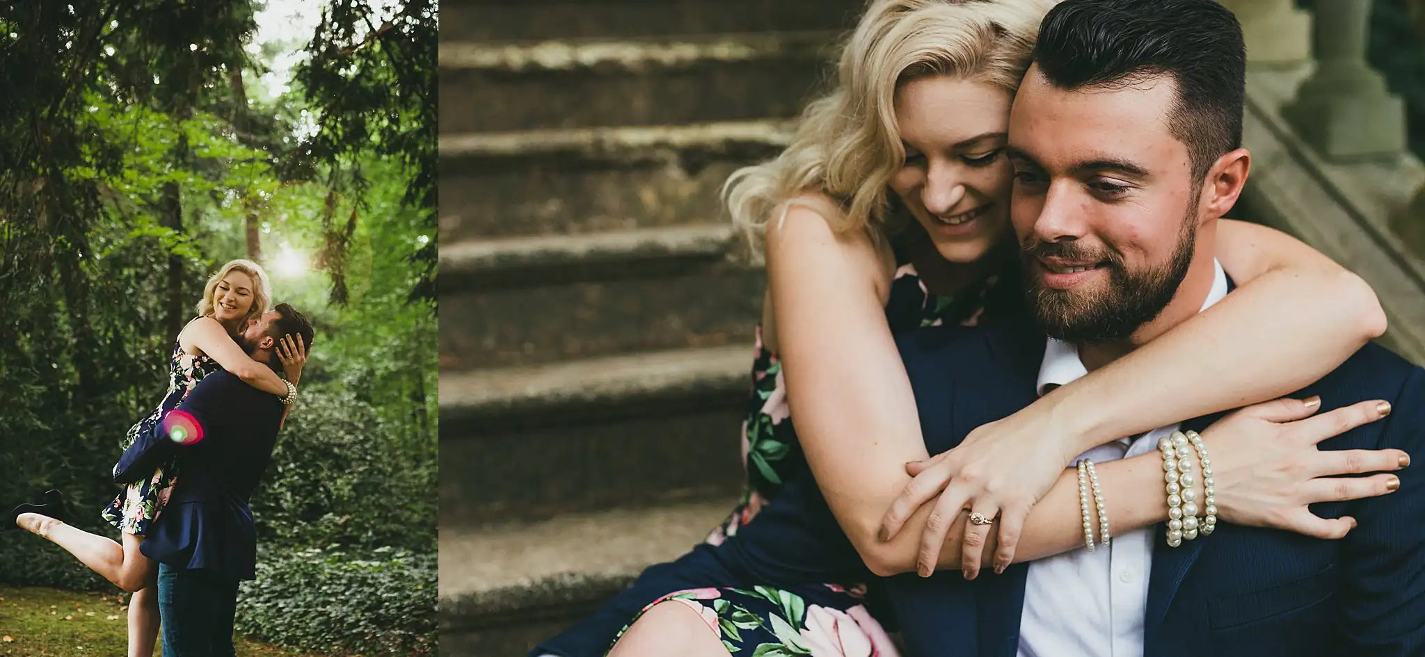 AtlantaWeddingPhotographers_0563.jpg Engagement Portraits: him lifting her by the steps, in a set, during their engagement session at Cator Woolford Gardens in Atlanta, GA