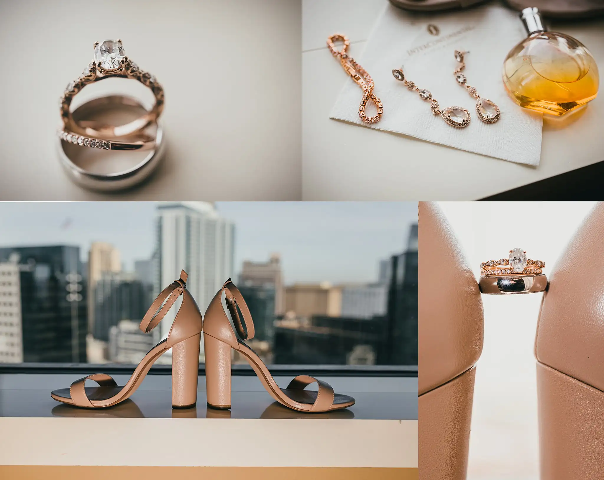 Wedding Details: the rings and the blush heels against the skyline, at a wedding at the Westside Warehouse in Atlanta, GA