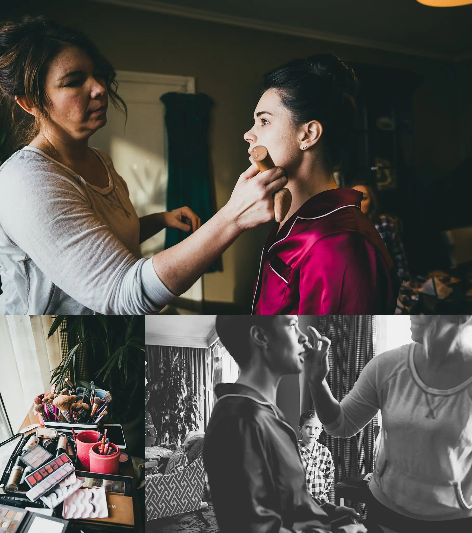 Getting Ready: the bride's makeup being done, in a set of four, before their wedding at the Westside Warehouse in Atlanta, GA