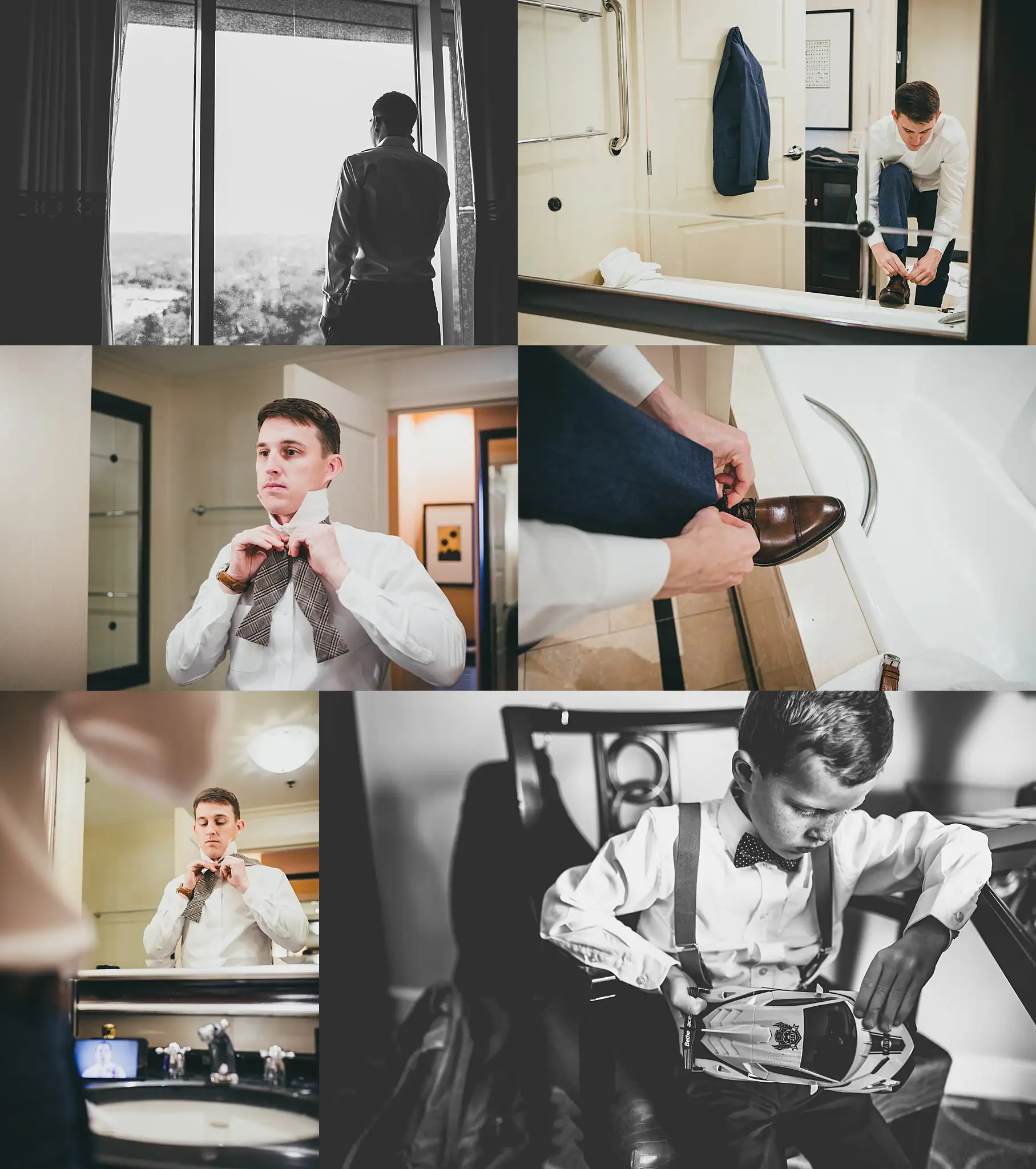 Getting Ready: the groom dressing, in a set of six, before their wedding at the Westside Warehouse in Atlanta, GA