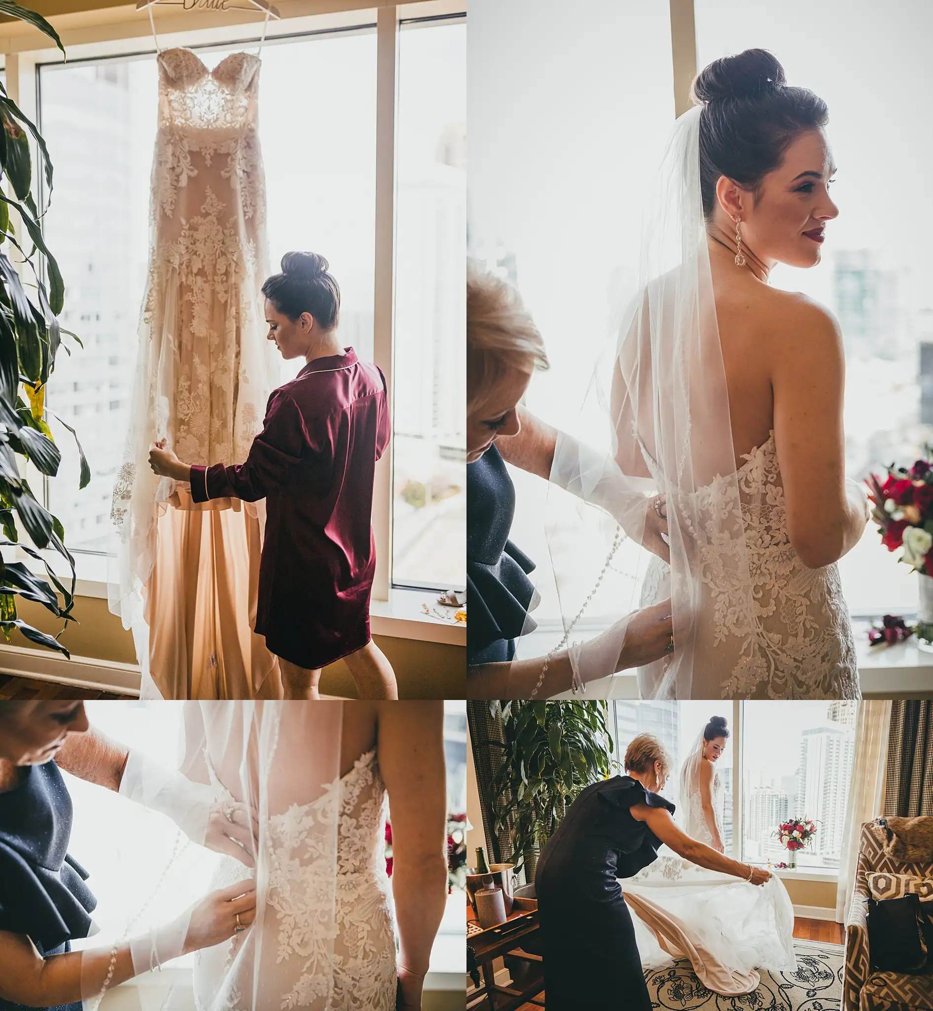 Getting Ready: the bride being helped into her gown, in a set, before their wedding at the Westside Warehouse in Atlanta, GA