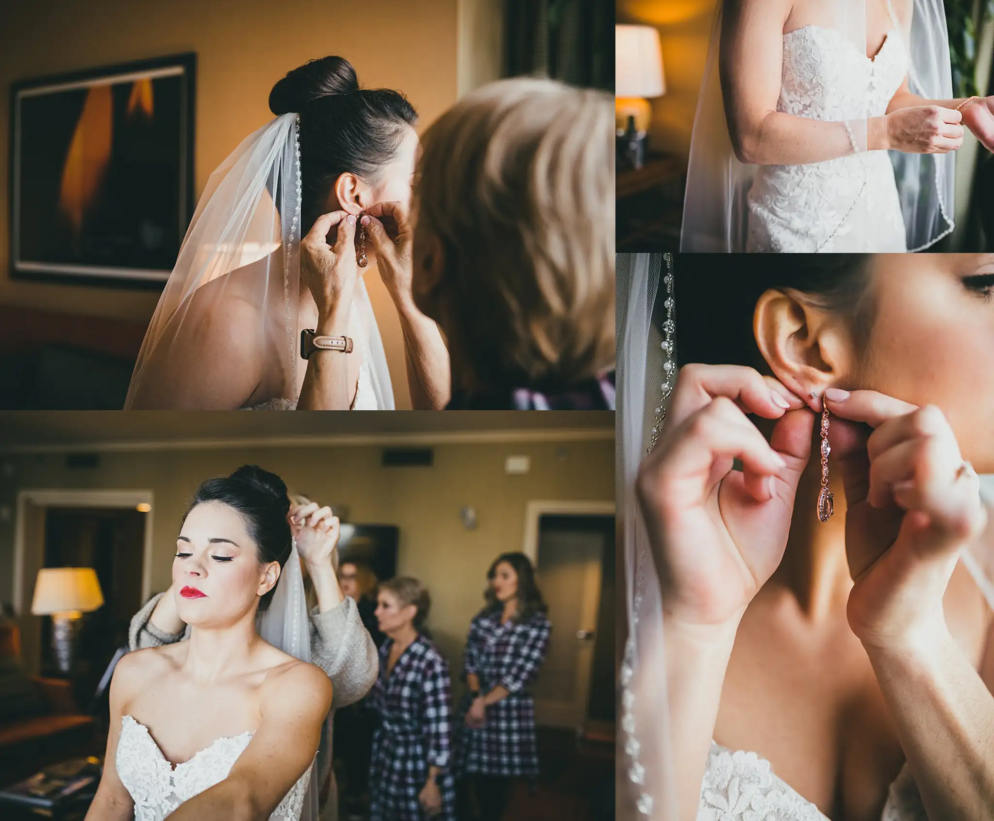 Getting Ready: the veil and the earrings being put on, in a set, before their wedding at the Westside Warehouse in Atlanta, GA