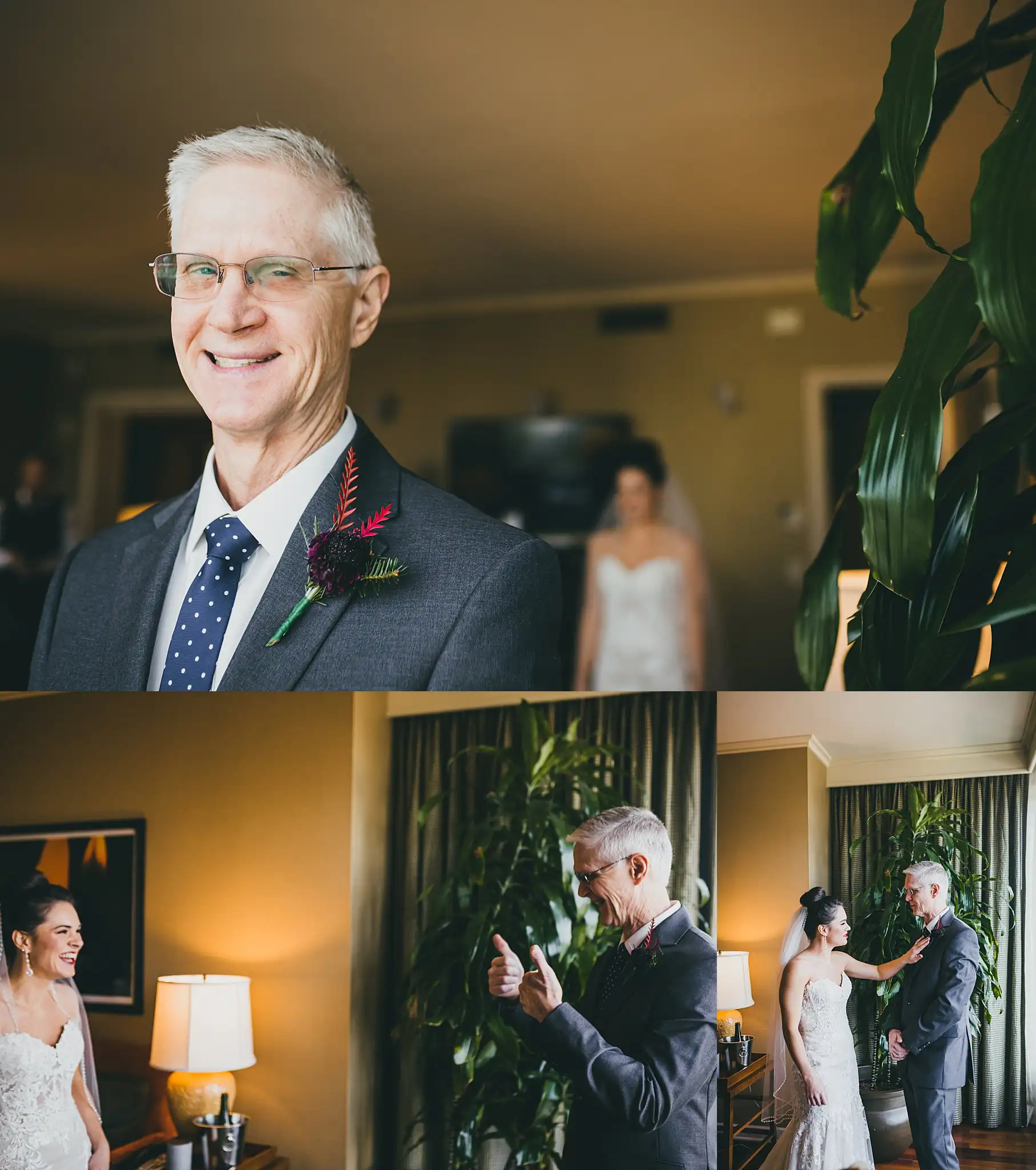 First Look: her father seeing her for the first time, in a set, before their wedding at the Westside Warehouse in Atlanta, GA