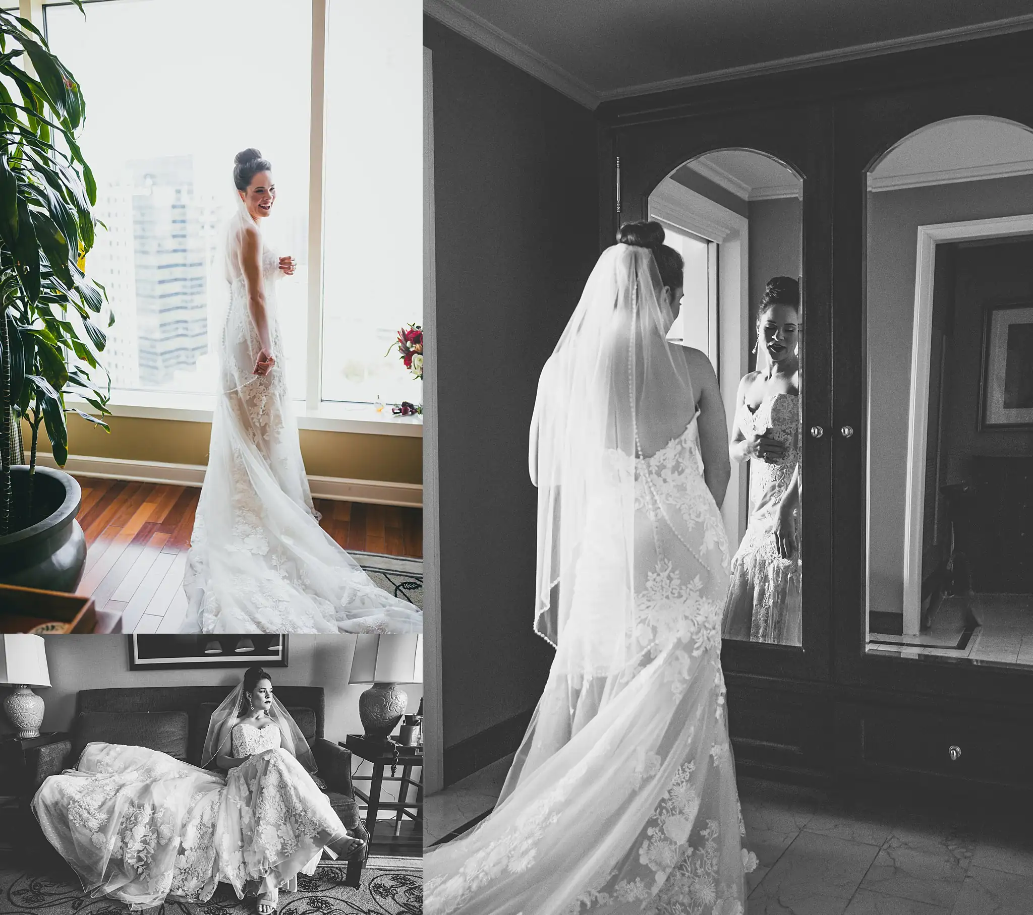 Bridal Portraits: the bride at the window, and her train from behind, at their wedding at the Westside Warehouse in Atlanta, GA