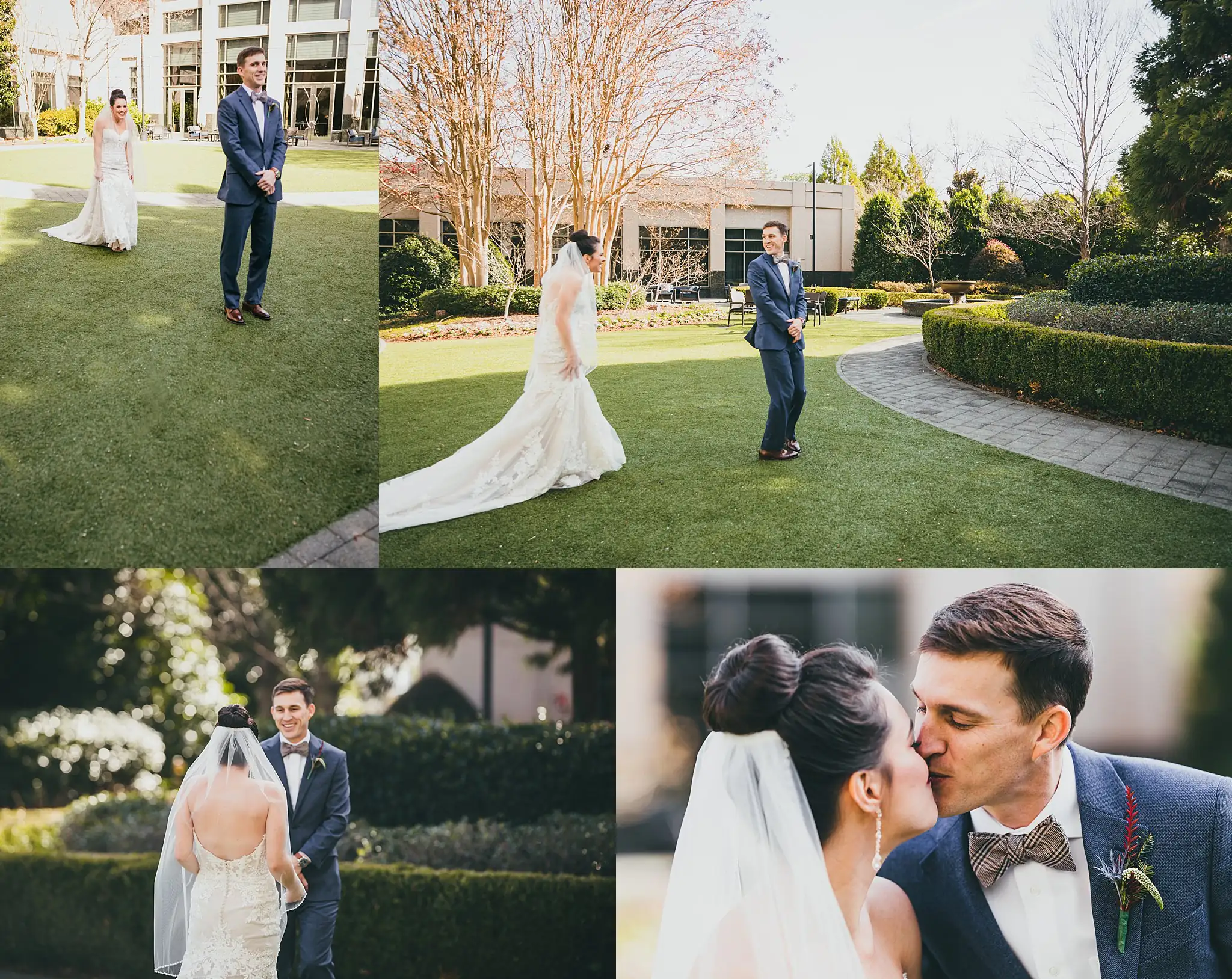 First Look: the first look outside on the lawn, in a set, before their wedding at the Westside Warehouse in Atlanta, GA