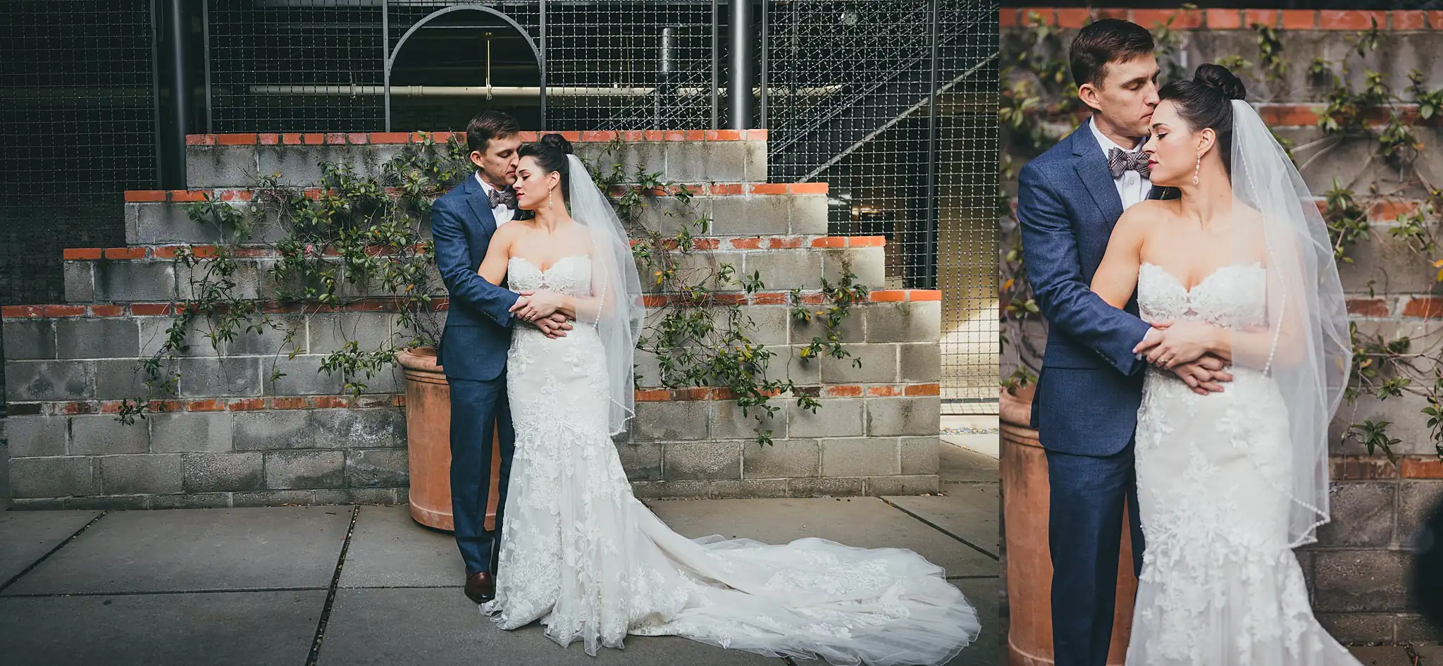Wedding Formals: the couple on the block-wall steps, at their wedding at the Westside Warehouse in Atlanta, GA
