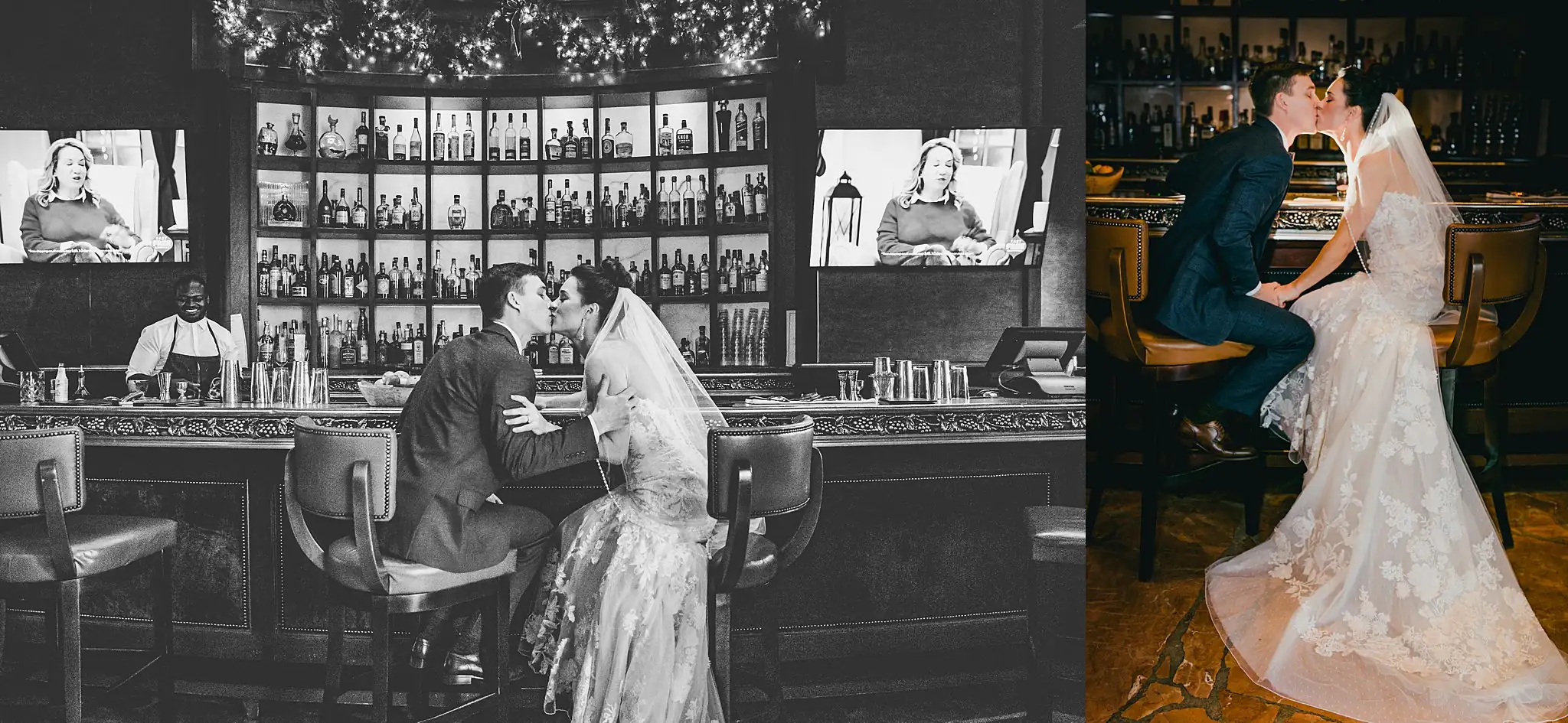 Wedding Formals: the couple at a bar, in colour and black and white, at their wedding at the Westside Warehouse in Atlanta, GA