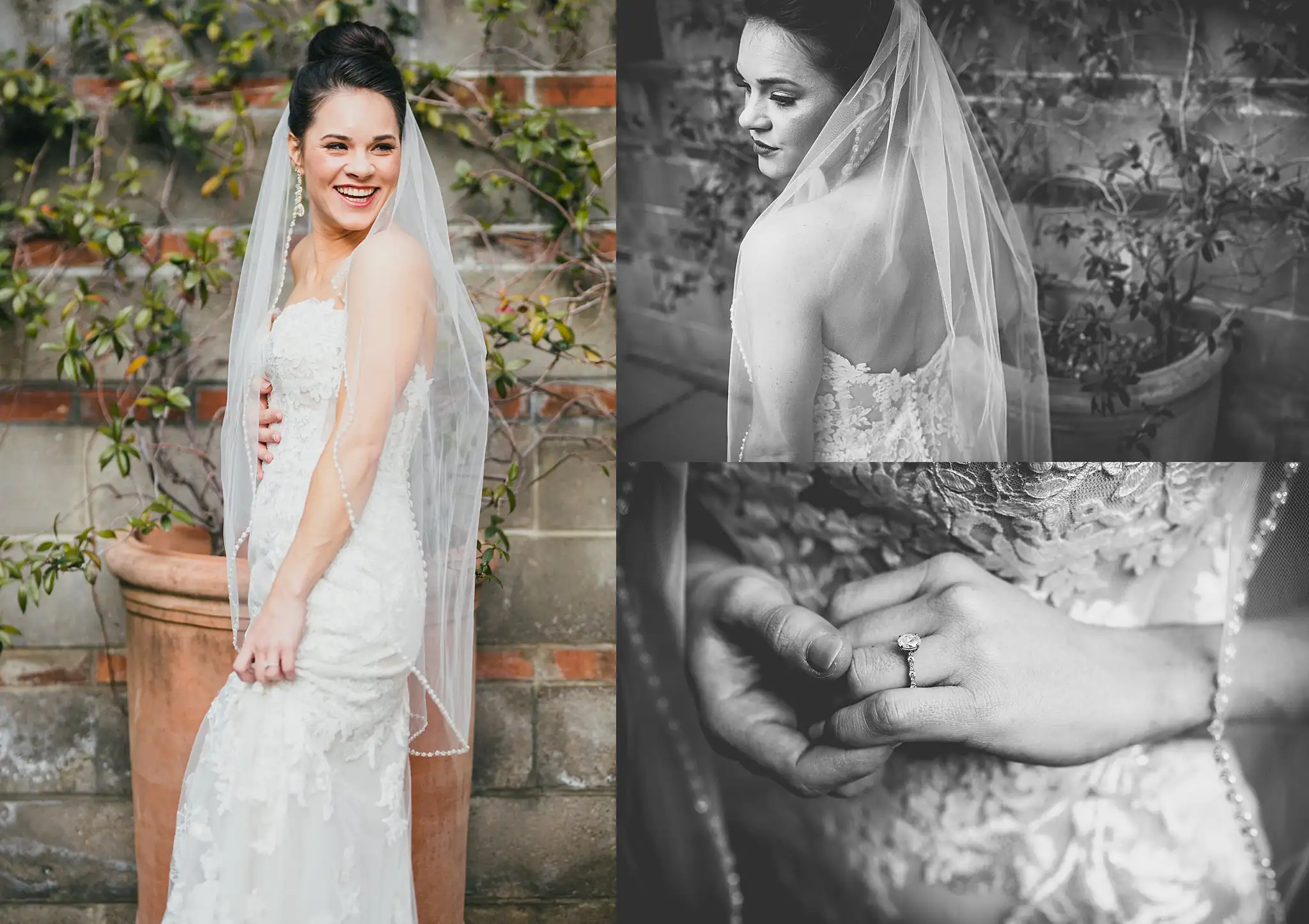 Bridal Portraits: the bride outside, and her ring hand, in a set, at their wedding at the Westside Warehouse in Atlanta, GA