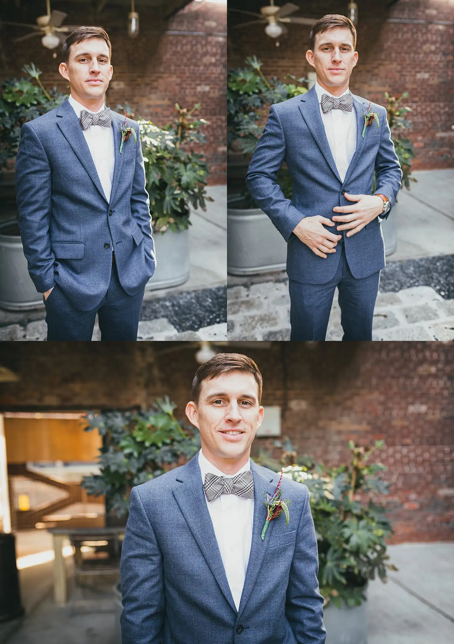 Wedding Formals: the groom in his blue suit and bow tie, in a set, at their wedding at the Westside Warehouse in Atlanta, GA