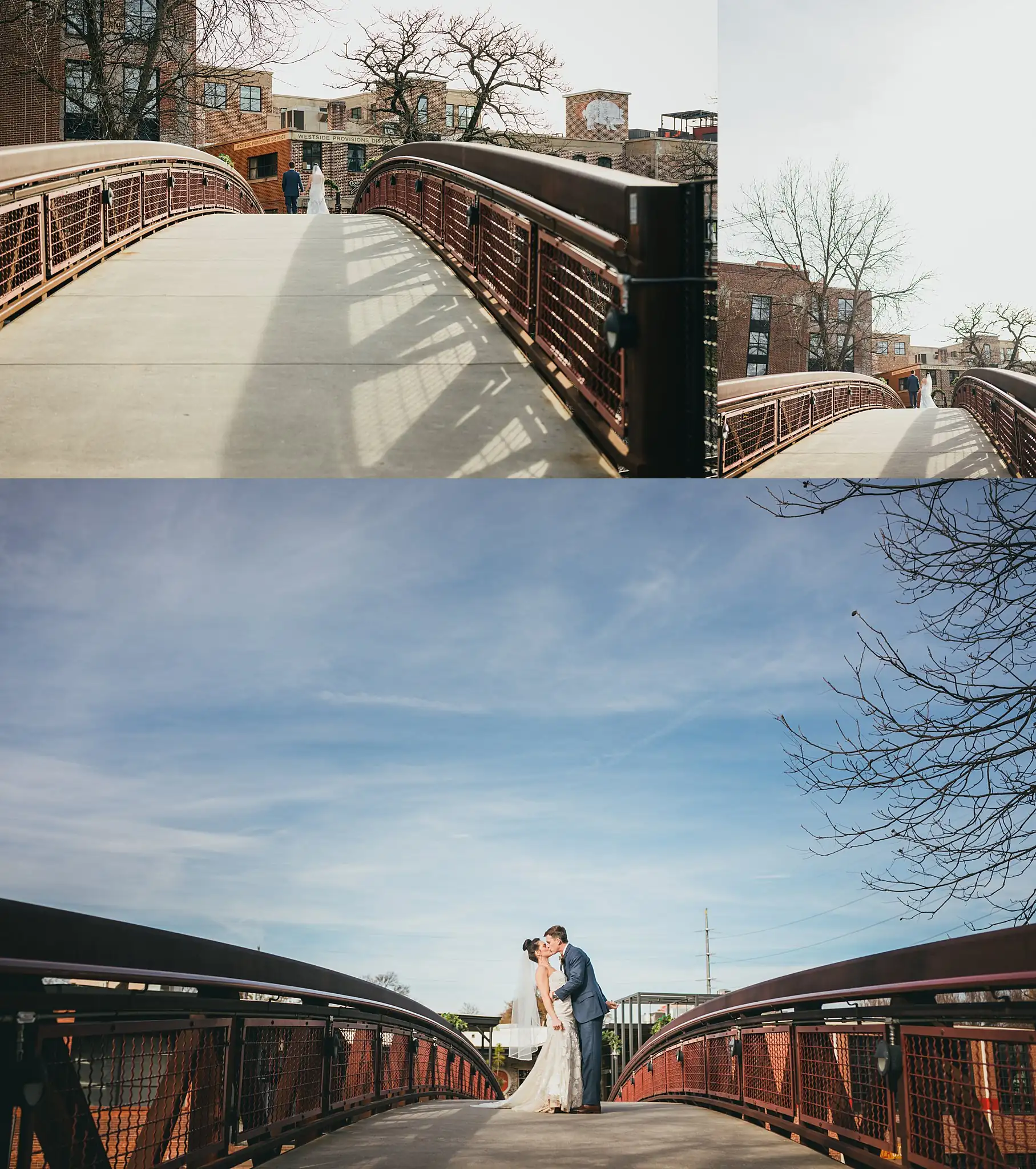 Wedding Formals: the steel bridge, and the couple beneath it, at their wedding at the Westside Warehouse in Atlanta, GA