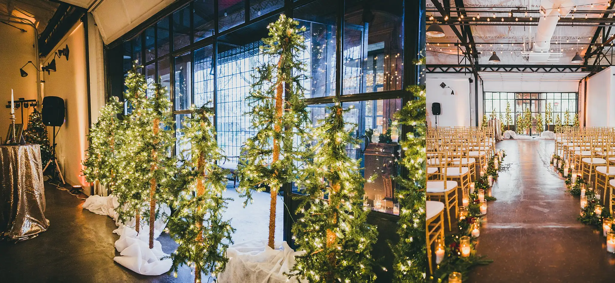 Wedding Ceremony: the aisle lined with lit Christmas trees, in a set, at a wedding at the Westside Warehouse in Atlanta, GA
