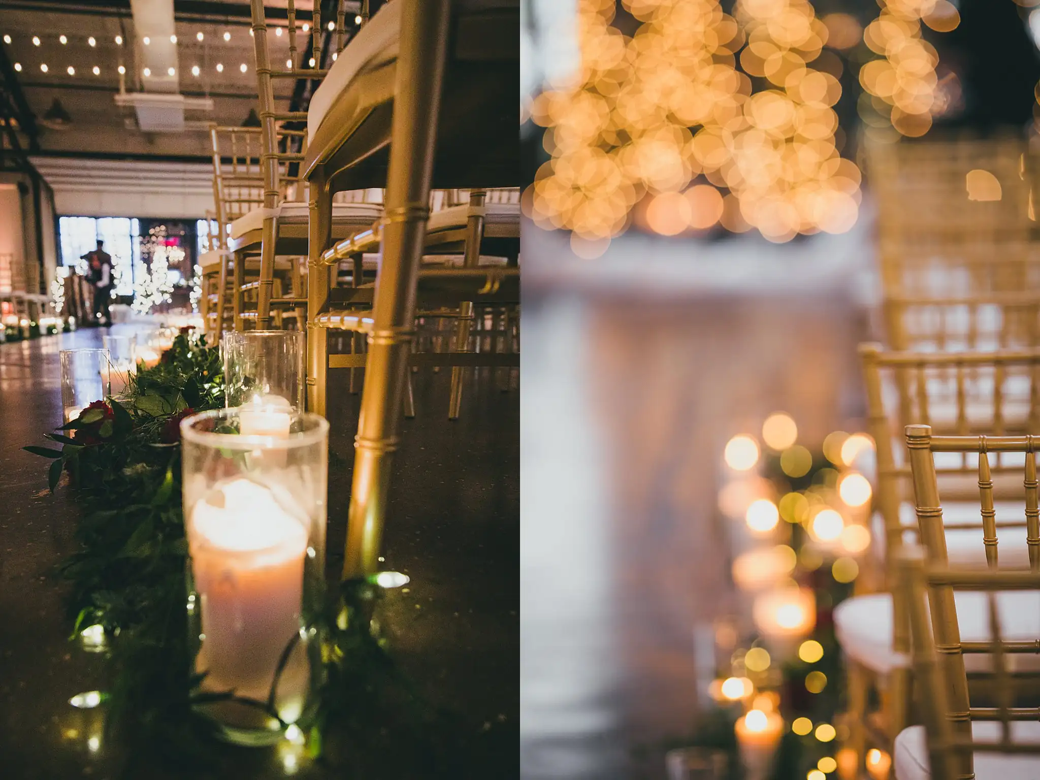 Reception Details: a pillar candle in greenery, and the lights beyond, at their wedding at the Westside Warehouse in Atlanta, GA