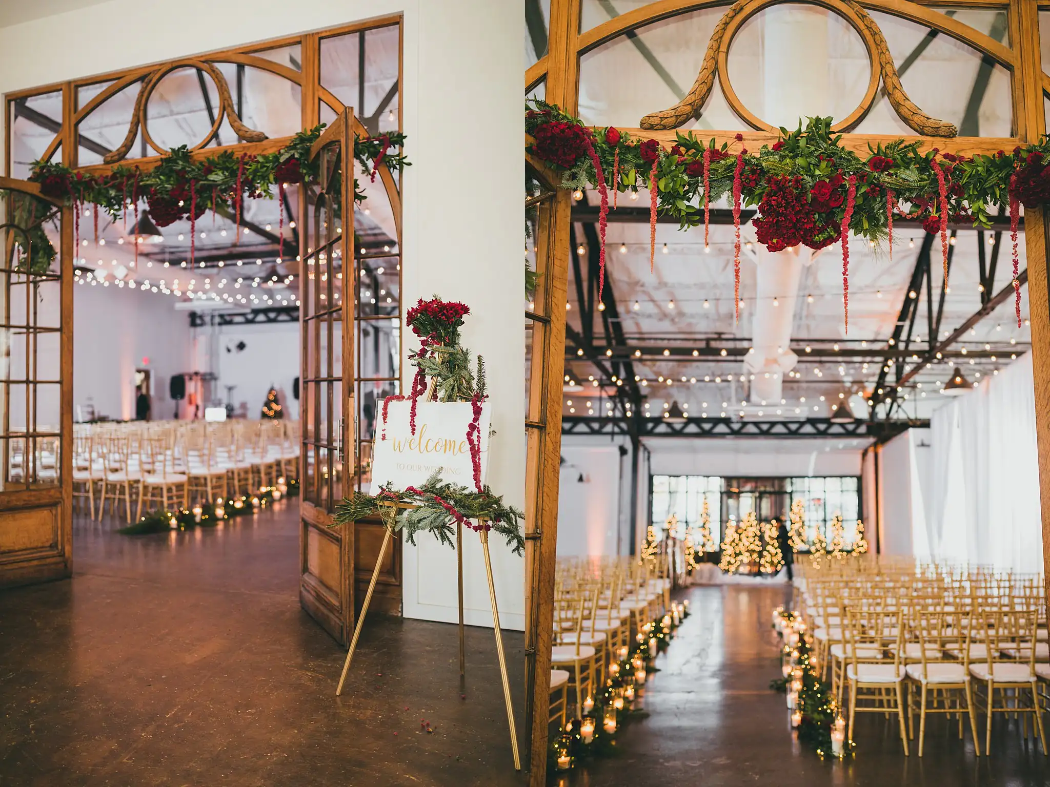 Wedding Ceremony: the garlanded entrance and the aisle of lit trees, at a wedding at the Westside Warehouse in Atlanta, GA