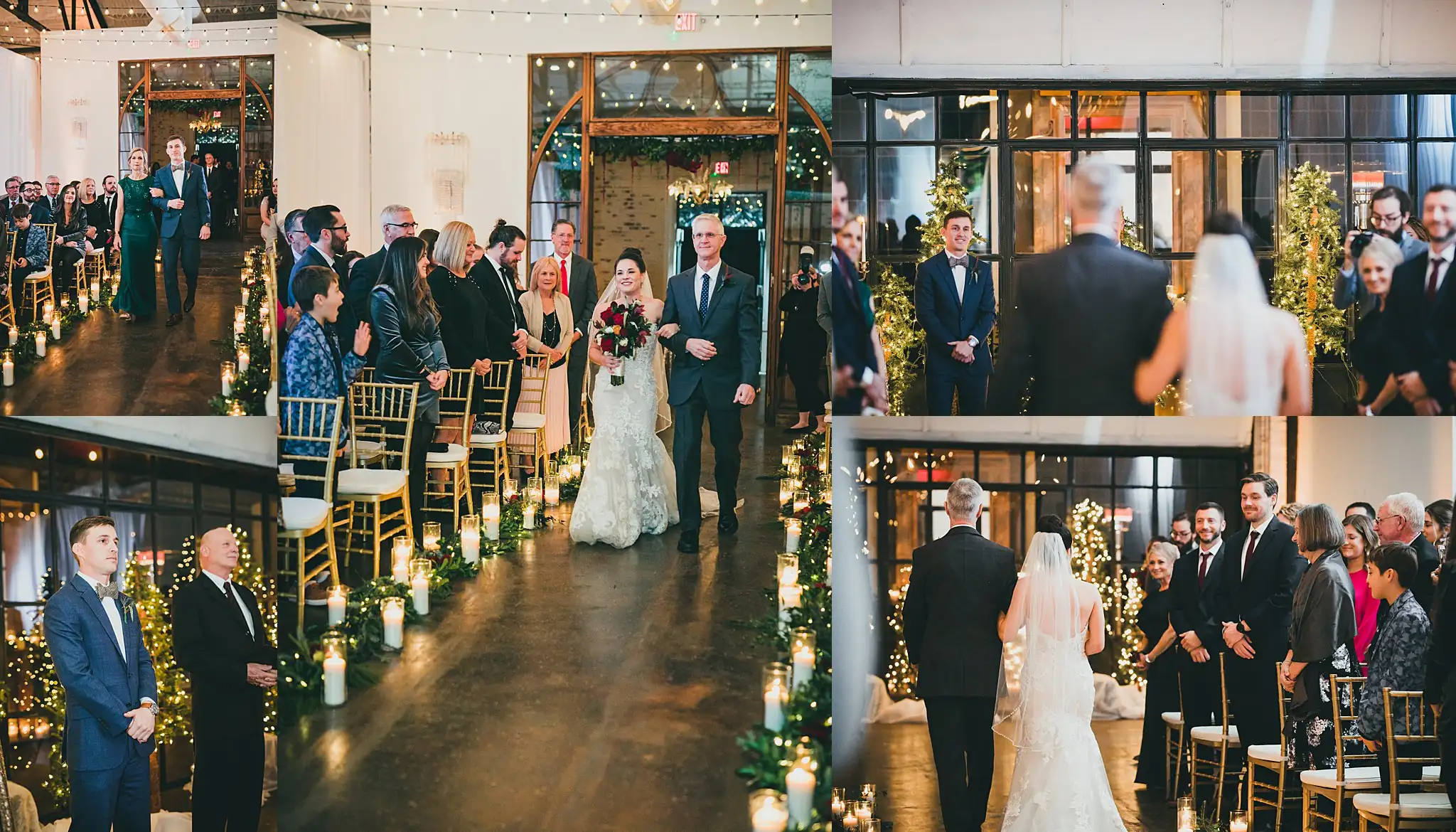 Processional: the bride walking in on her father's arm, in a set, at their wedding at the Westside Warehouse in Atlanta, GA
