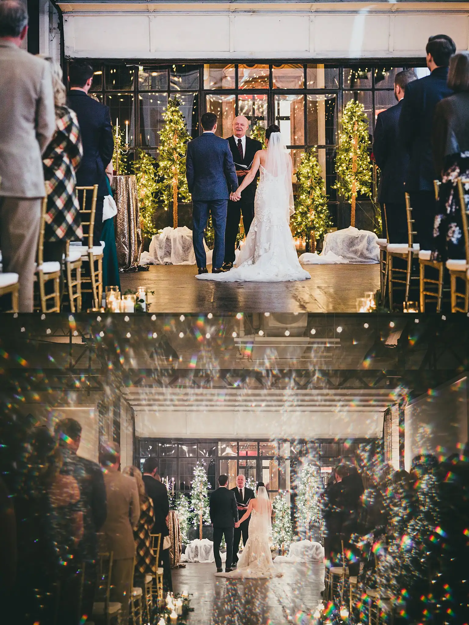 Wedding Ceremony: the couple at the front, and the aisle, in a set, at their wedding at the Westside Warehouse in Atlanta, GA