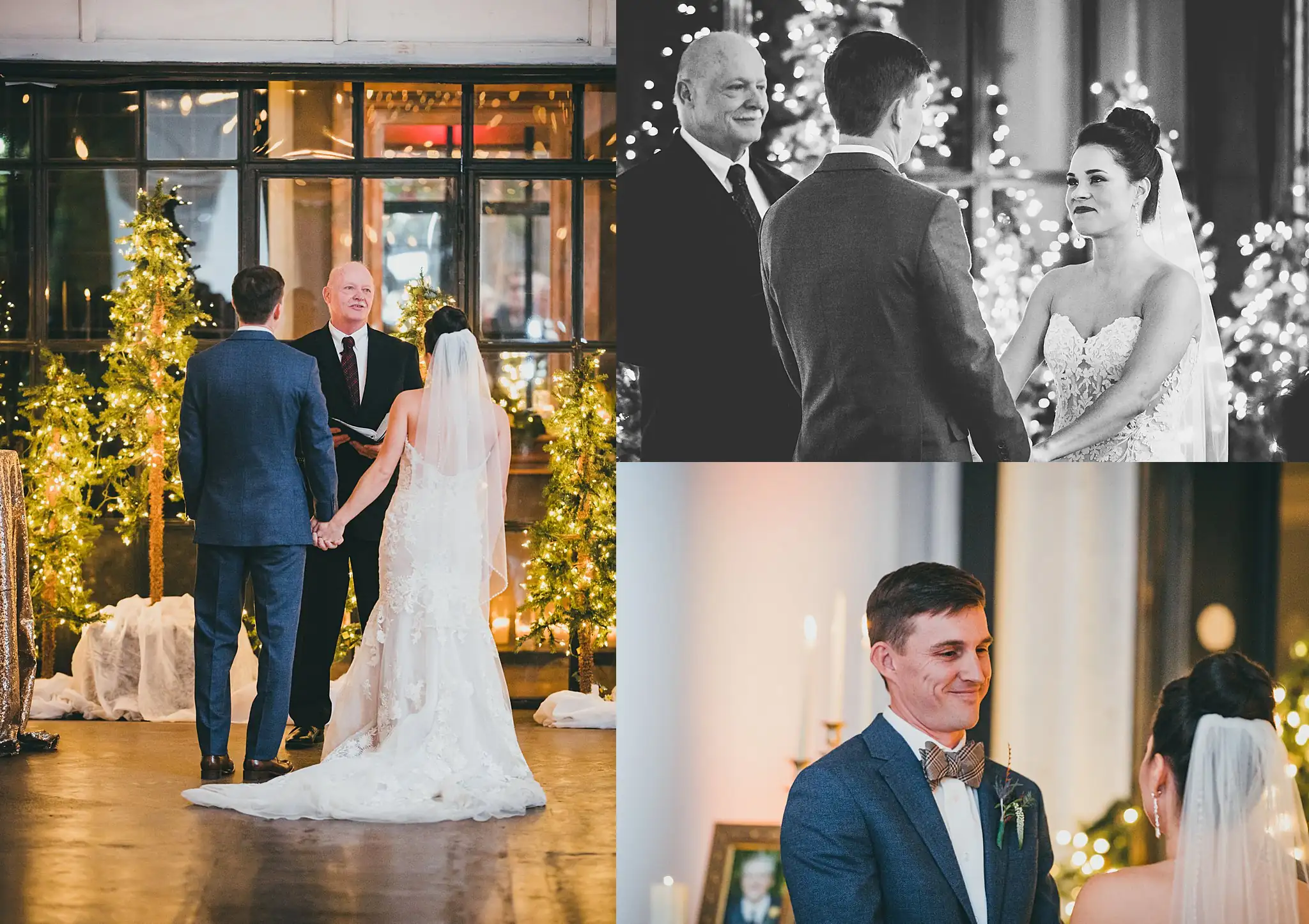 Wedding Ceremony: the vows and the giving away, in a set of three, at their wedding at the Westside Warehouse in Atlanta, GA
