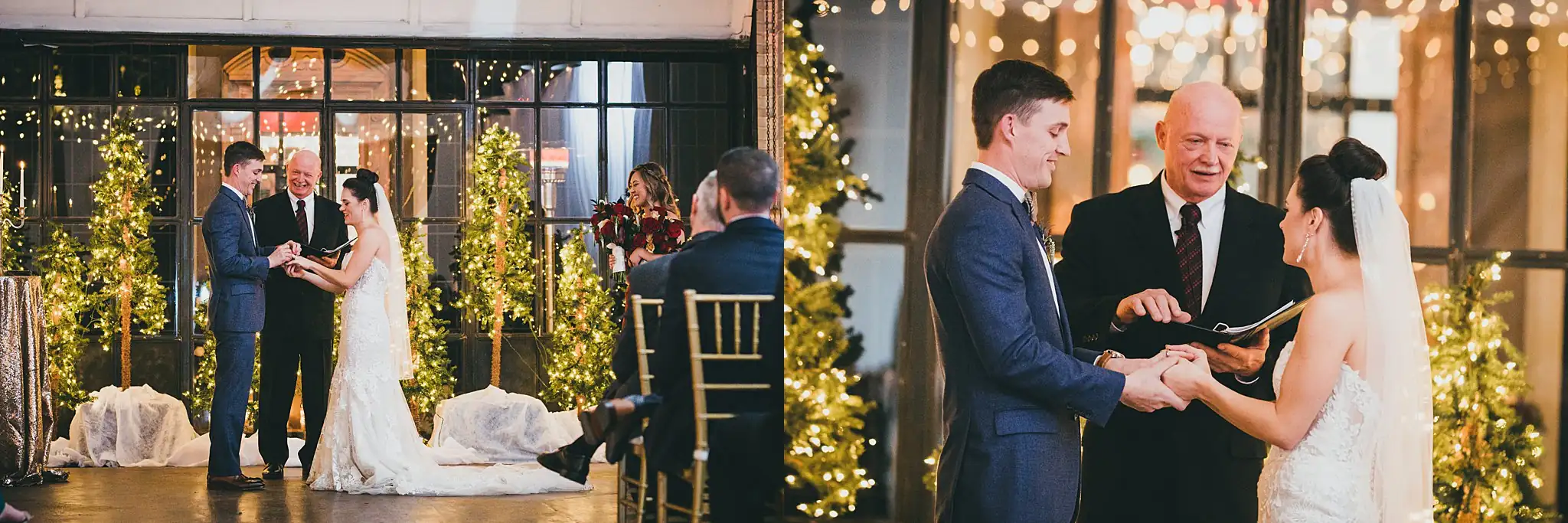 Wedding Ceremony: the ring exchange with the officiant, at their wedding at the Westside Warehouse in Atlanta, GA
