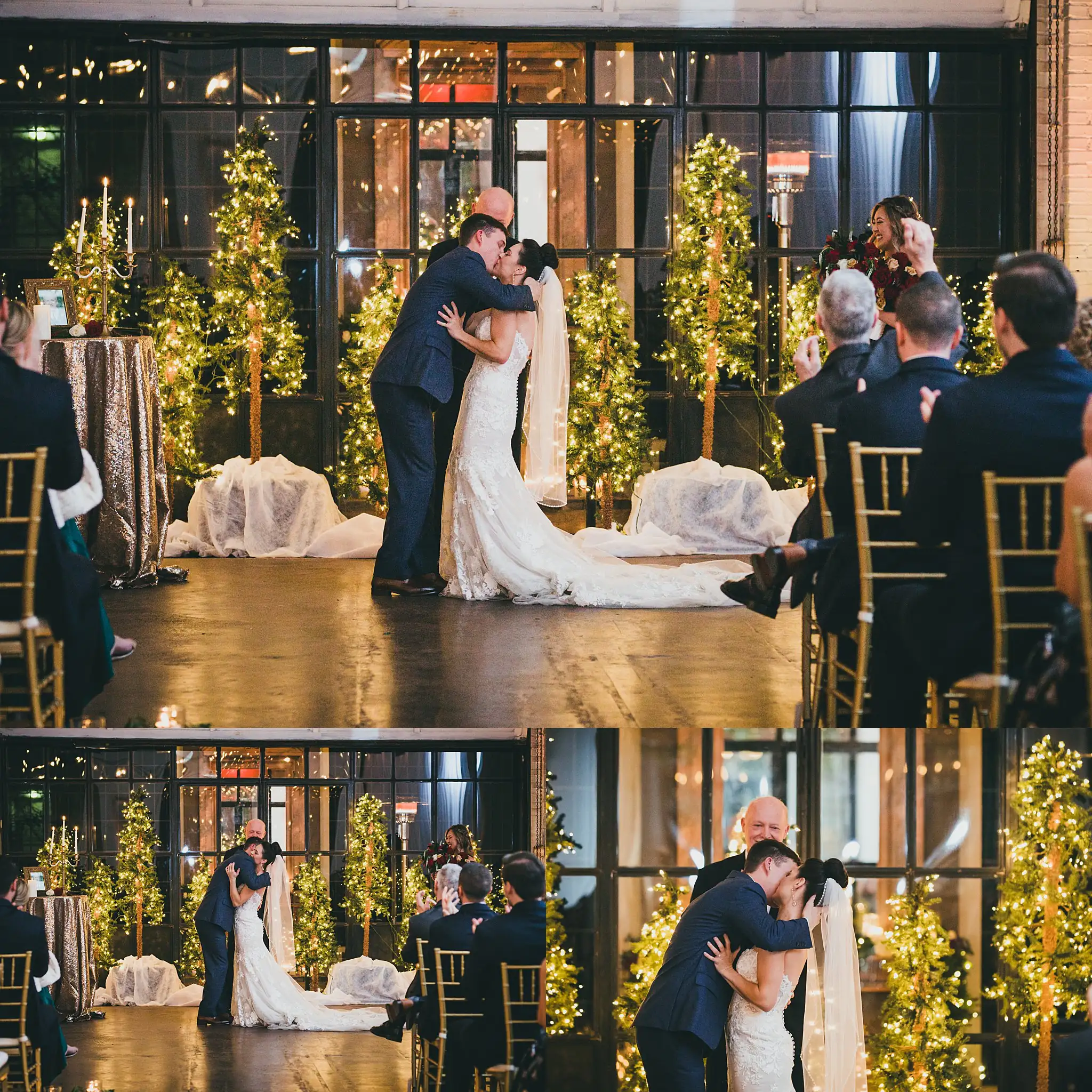 Wedding Ceremony: the first kiss and the recessional, in a set, at their wedding at the Westside Warehouse in Atlanta, GA