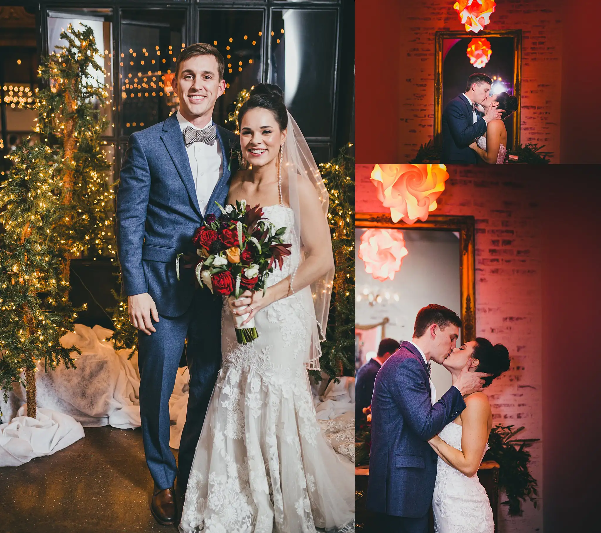 Wedding Formals: the couple after the ceremony, and kissing, in a set, at their wedding at the Westside Warehouse in Atlanta, GA