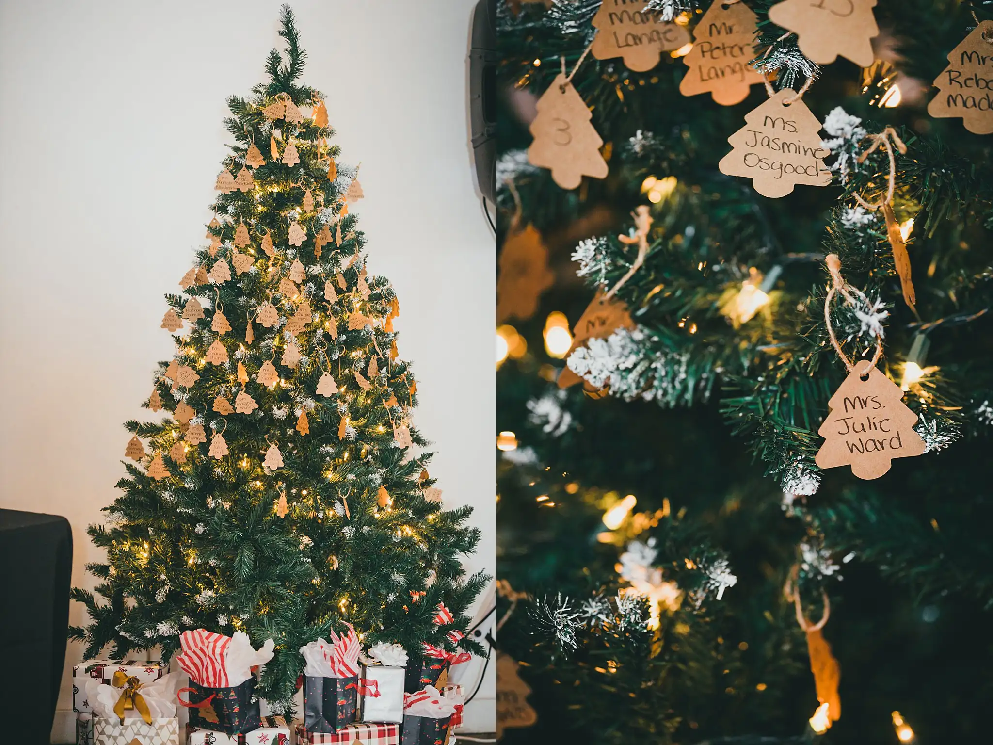 Reception Details: the Christmas tree hung with escort card ornaments, at their wedding at the Westside Warehouse in Atlanta, GA