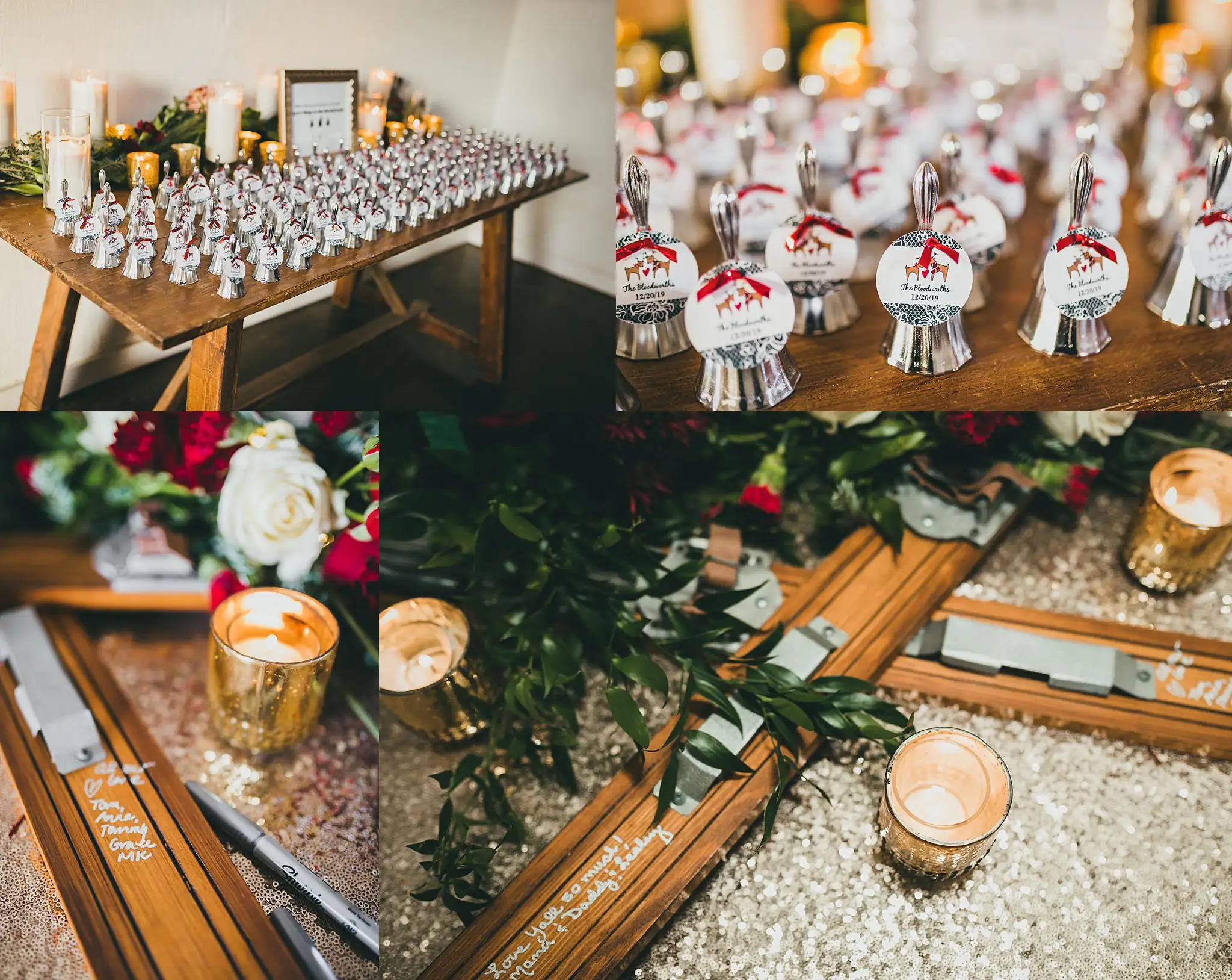 Reception Details: the escort card table with its garland, in a set, at their wedding at the Westside Warehouse in Atlanta, GA